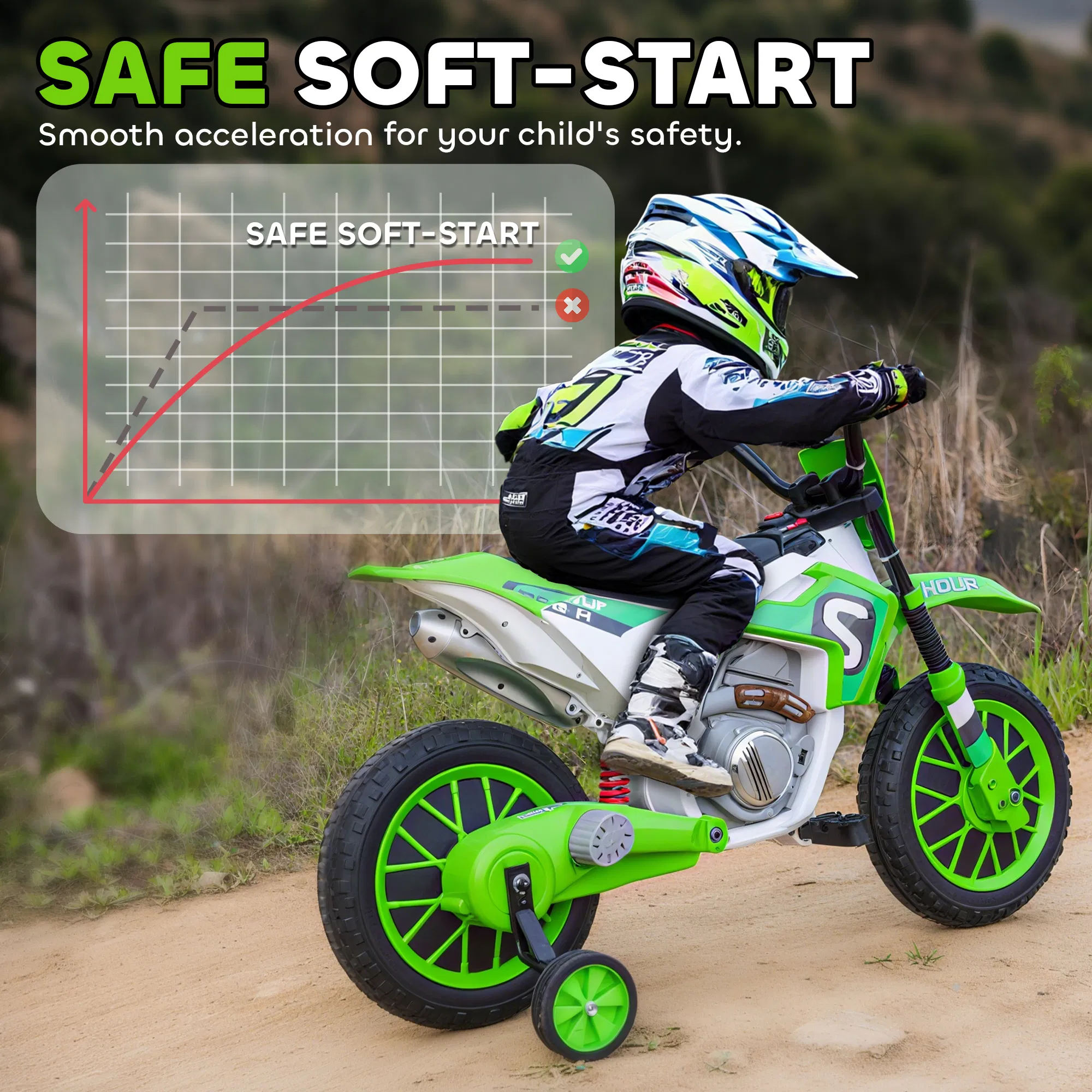 Kids Dirt Bike Battery-Powered Ride-On Electric Motorcycle with Charging 12V Battery, Training Wheels Green photo 3