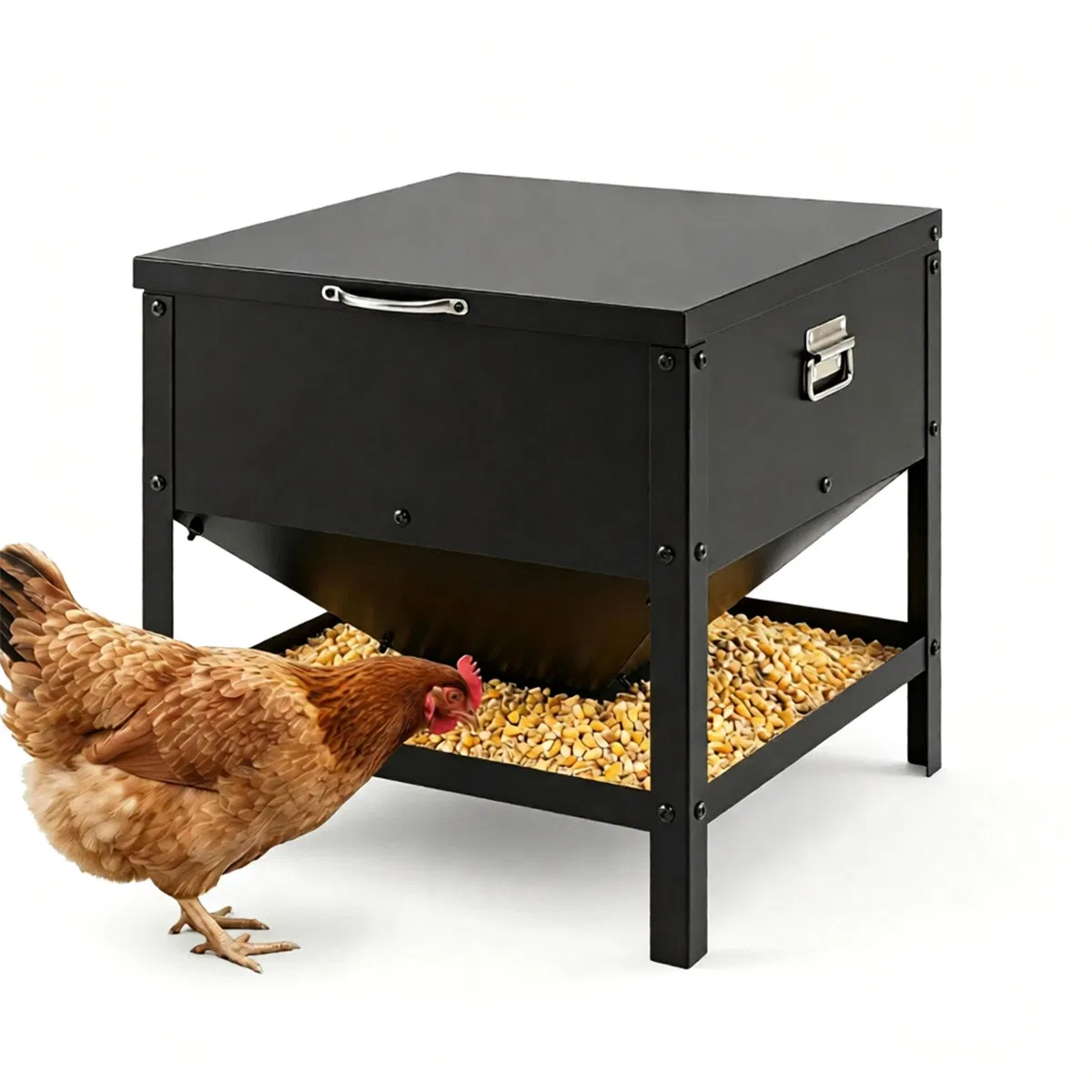 Heavy Duty Stainless Steel Chicken Feed Hopper with Lift Top Cover, Raised Legs Spill-Proof Poultry Feeding Box for Backyard Flock Low Refill Frequency photo 6