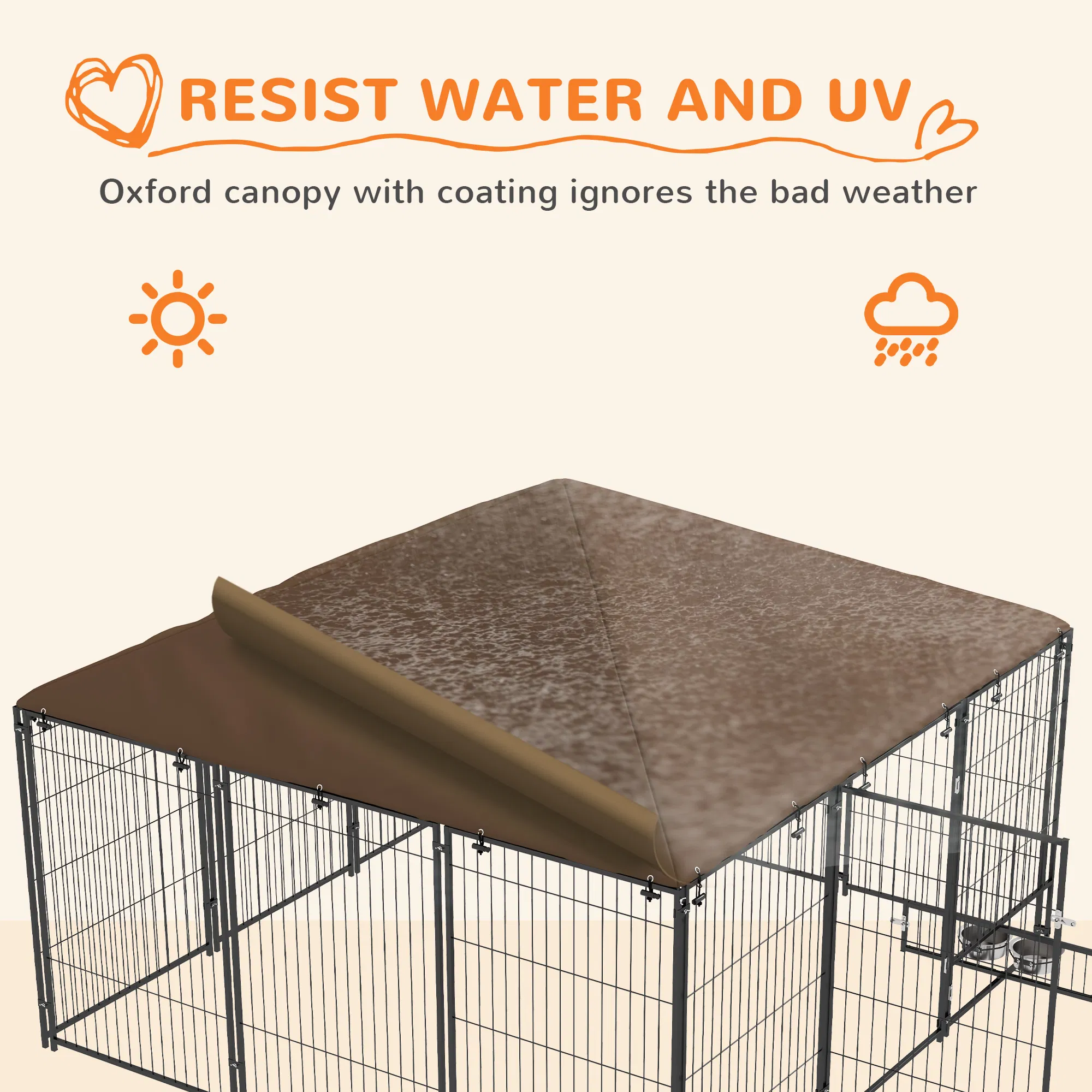 6.9' x 6.9' x 5' Outdoor Dog Kennel with Canopy, Rotating Bowls, Coffee photo 4