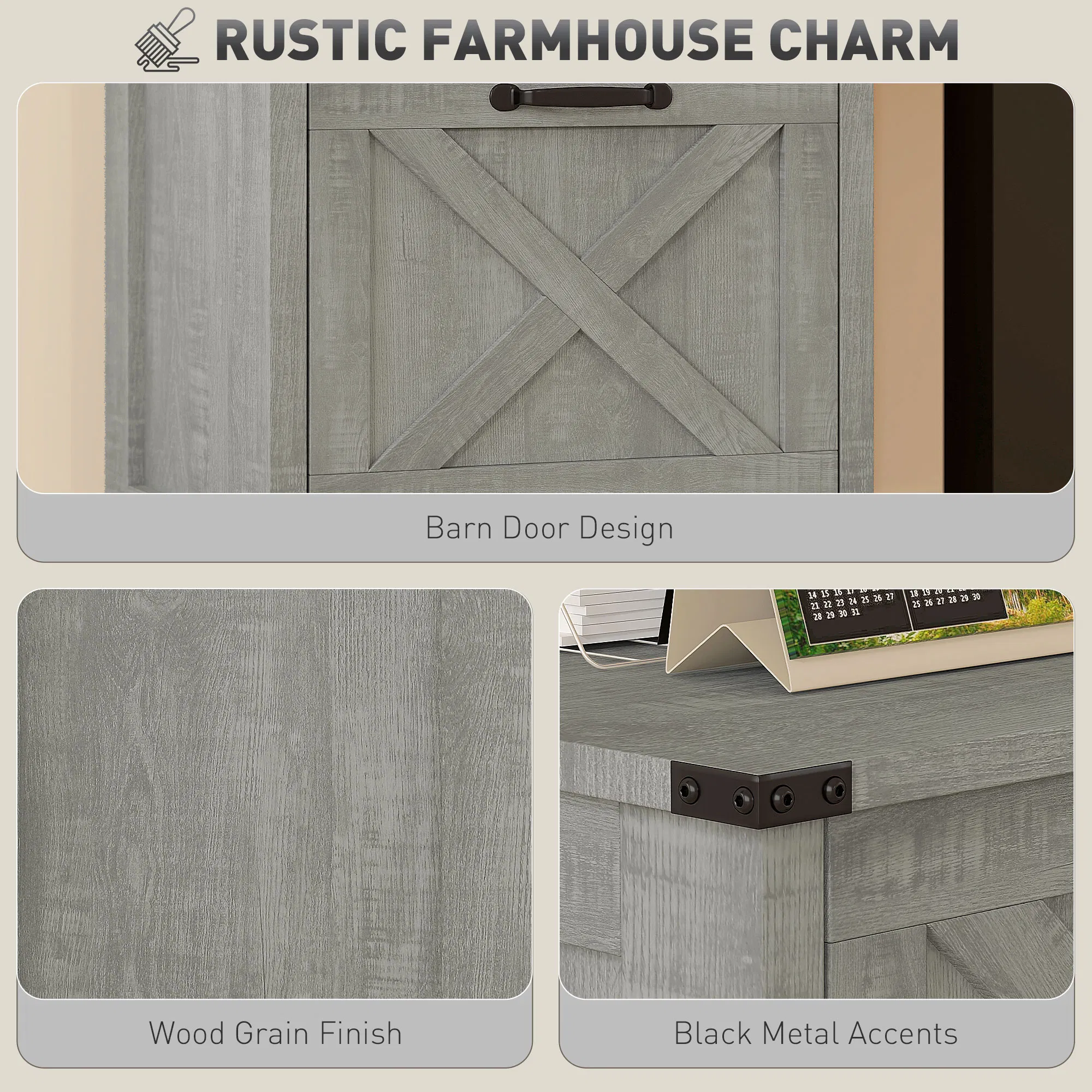 Vertical Filing Cabinet with 3 Drawers, Rustic Farmhouse Office Storage Cabinet for A4, Letter Size, Stone Grey photo 3
