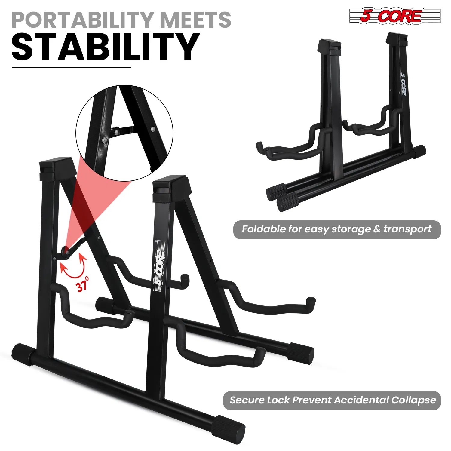 5 CORE Double Guitar Stand Floor Adjustable Heavy Duty A Frame Universal Folding Acoustic Electric Bass Mandolin Banjo Violin Holder Multiple Folding Stands For On Stage Studio Easy Assembly photo 3