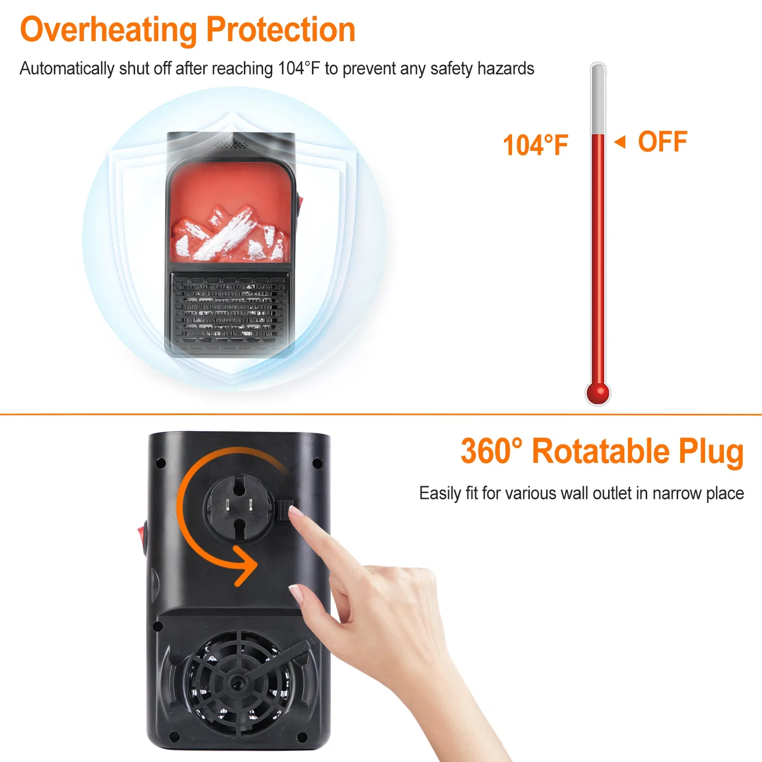 800W Plug-In Space Heater Wall Outlet Heater with 360° Rotatable Plug Adjustable Temperature 2 Wind Speeds Remote Control photo 5