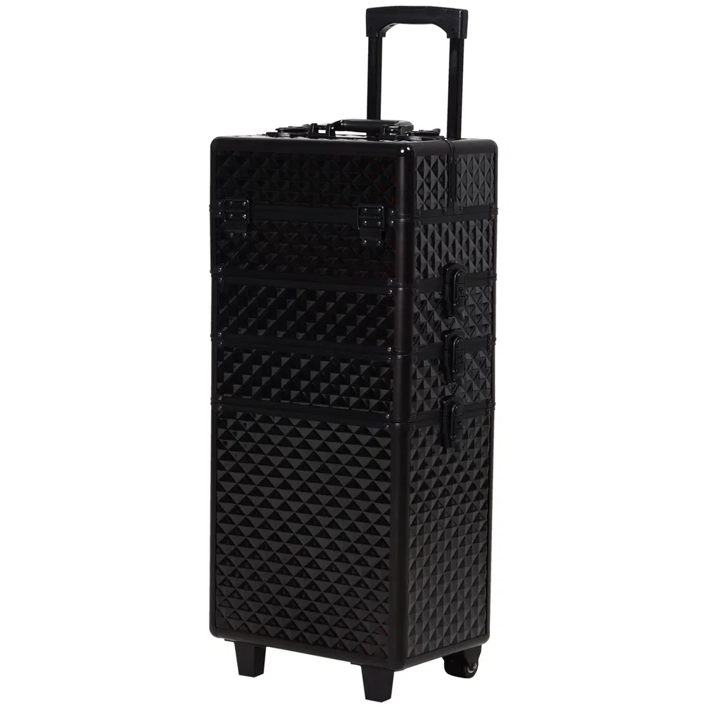 4 in 1 Makeup Train Case Portable Aluminum Rolling Cosmetic Organizer Trolley with Wheels Multiple Compartments Black photo 7