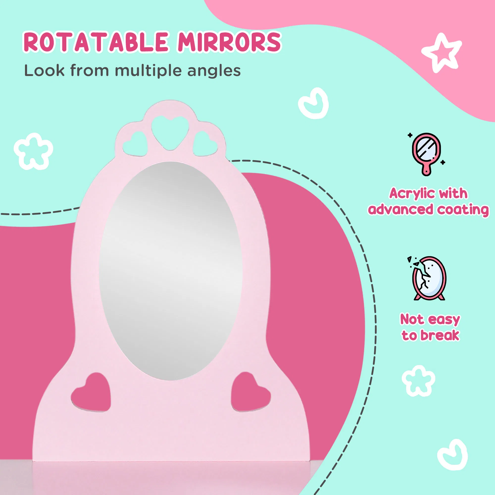 Kids Vanity Table Set with Mirror and Stool, Drawer, for 3-6 Years, Pink photo 5