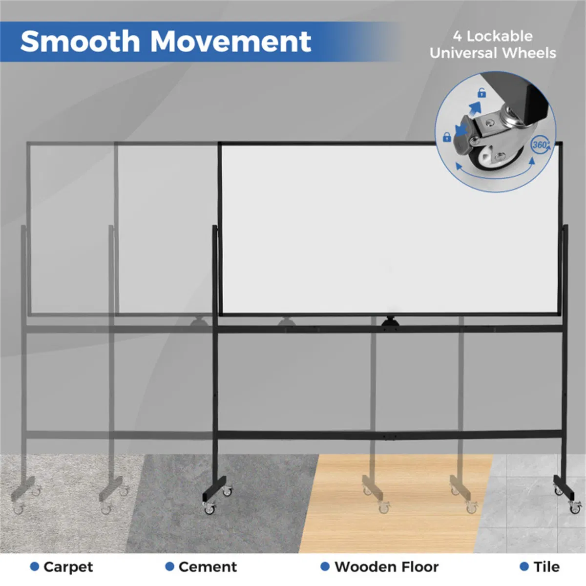 360° Rotating Double-Sided Magnetic Whiteboard, 182.88×91.44cm Writing Surface Mobile Dry Erase Board with Casters, Black photo 7