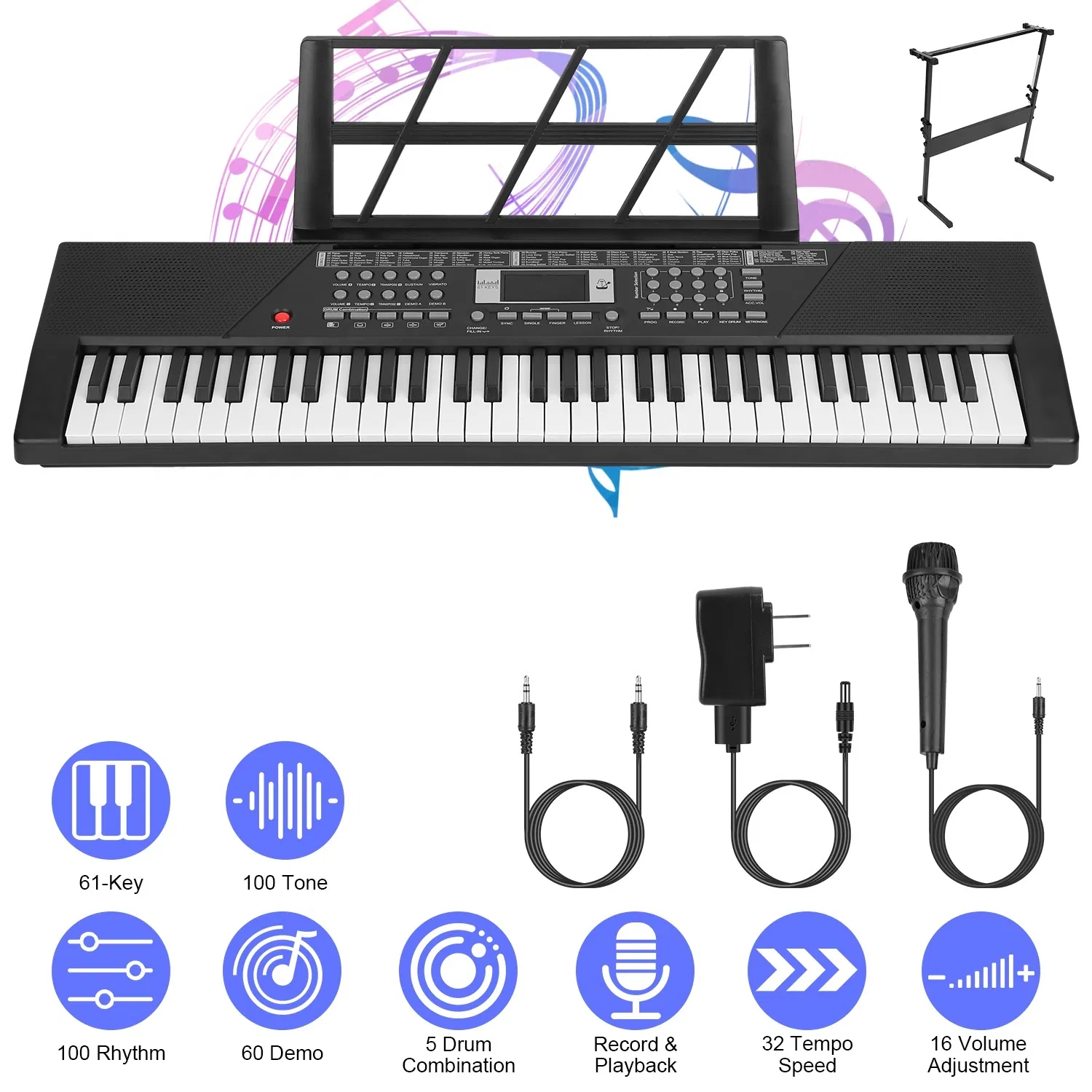 61-Key Multifunctional Piano Toy, 100 Tones & Rhythms with Microphone, Recording Function & Sheet Music Stand, Educational Keyboard for Kids Beginners photo 5