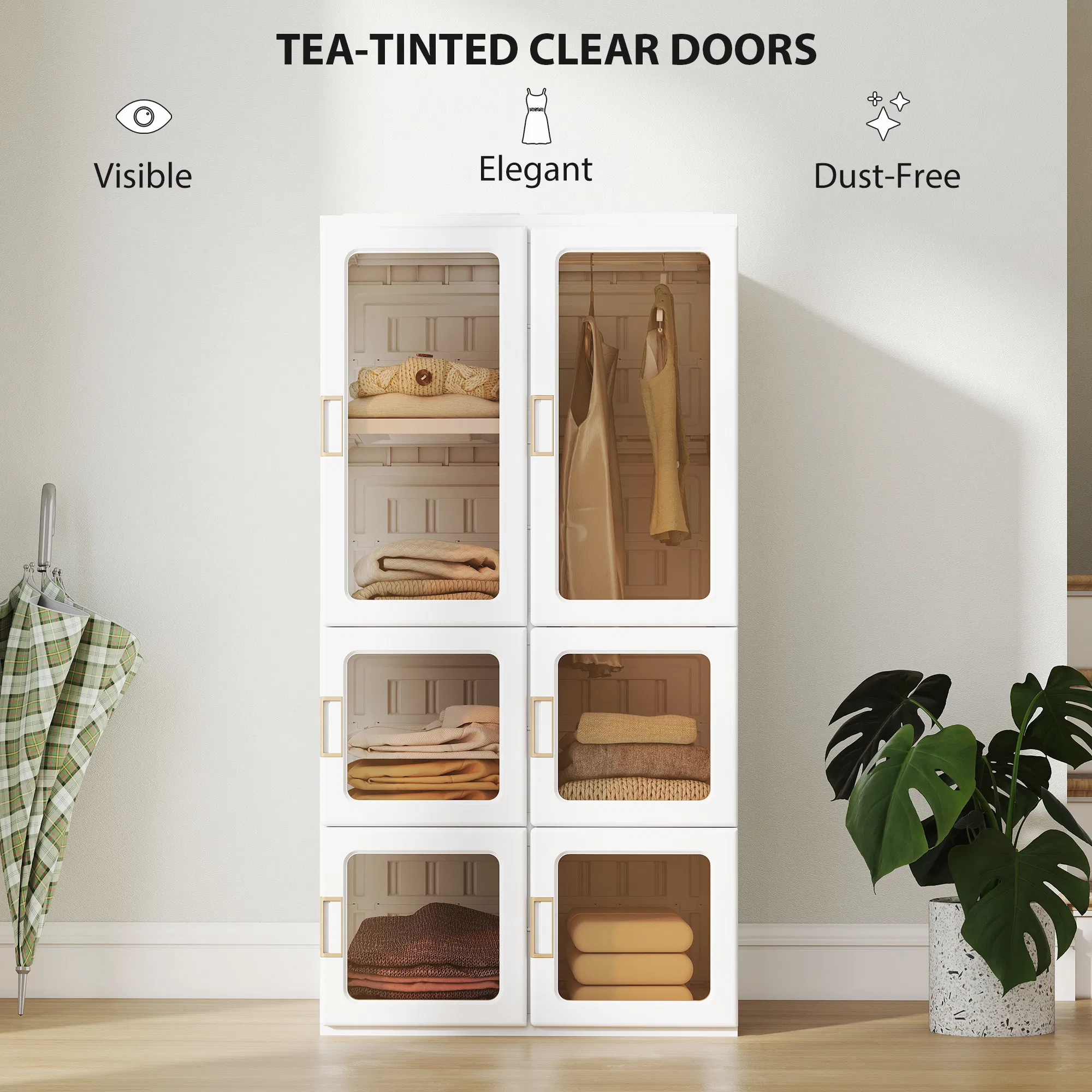 Portable Wardrobe, Foldable Plastic Closet with 5 Compartments, Hanging Rod and Magnetic Doors, White photo 2