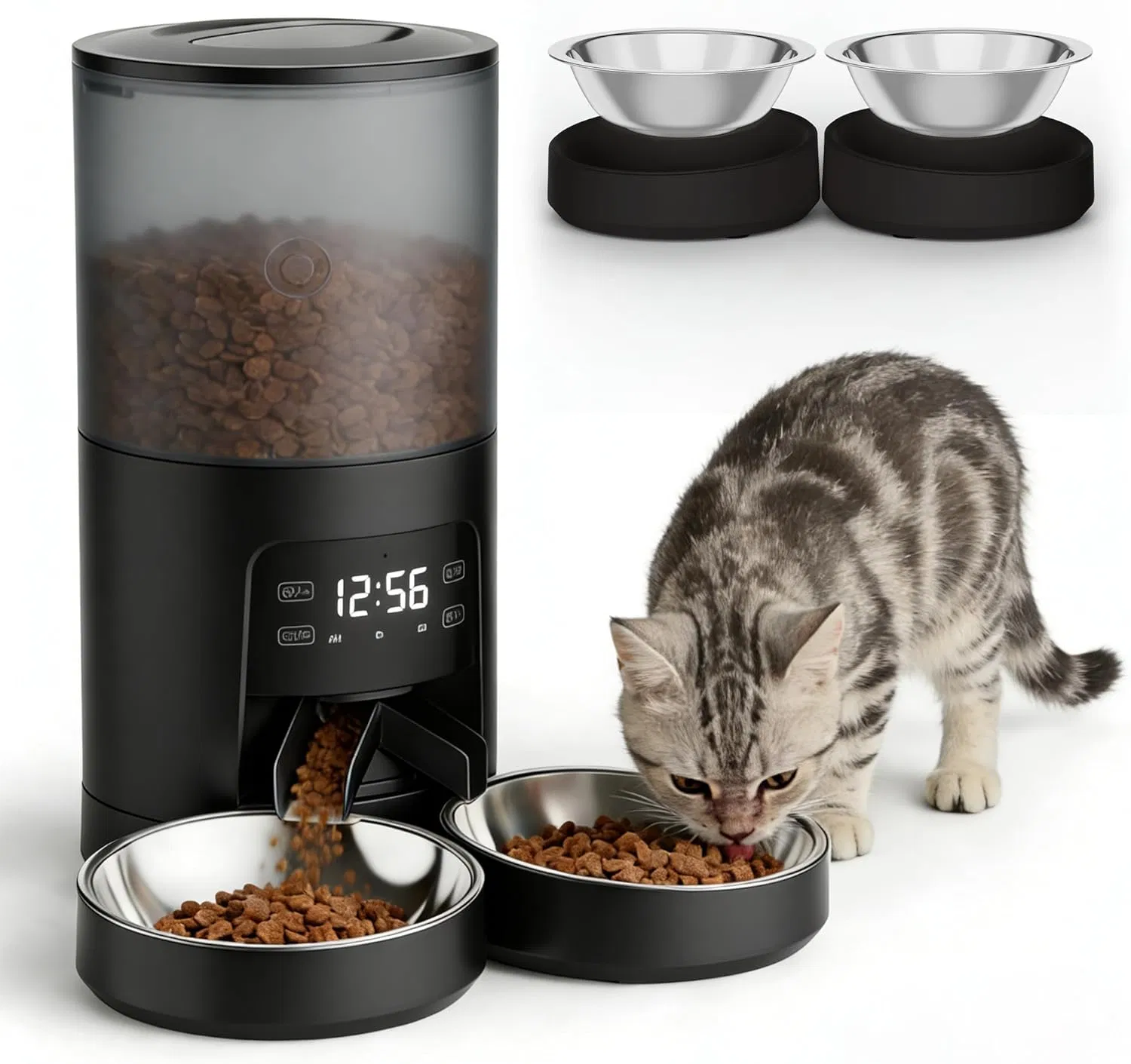 6L Automatic Cat Feeder for 2 Cats, Timed Cat Food Dispenser with 2 Stainless Bowls, 10s Voice Recorder, Dual Power Supply, 6 Meals 50 Portions Per Day, Dual Pet Feeder for Cat and Dog photo 5