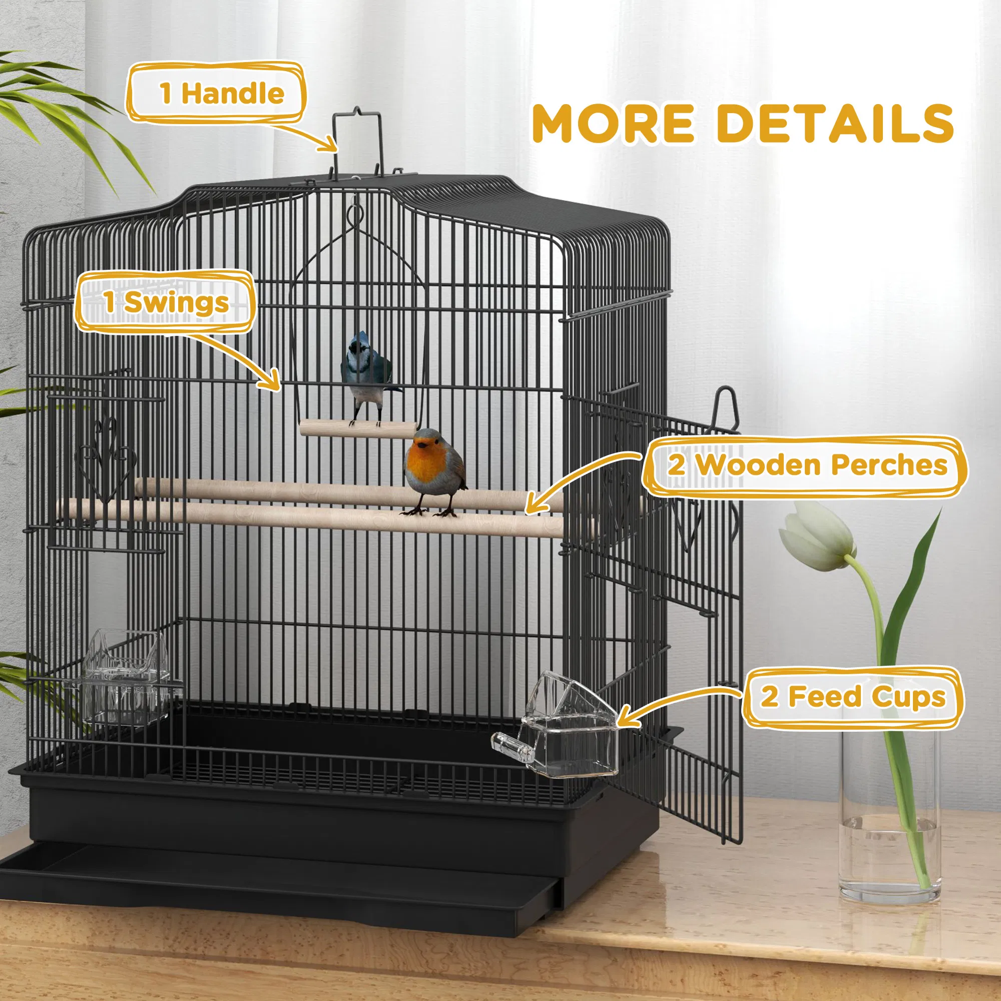 23" Bird Cage, Finches Canaries, Parrot Cage with Doors Perches, 2 Feeder Pet Supplies, Black photo 4