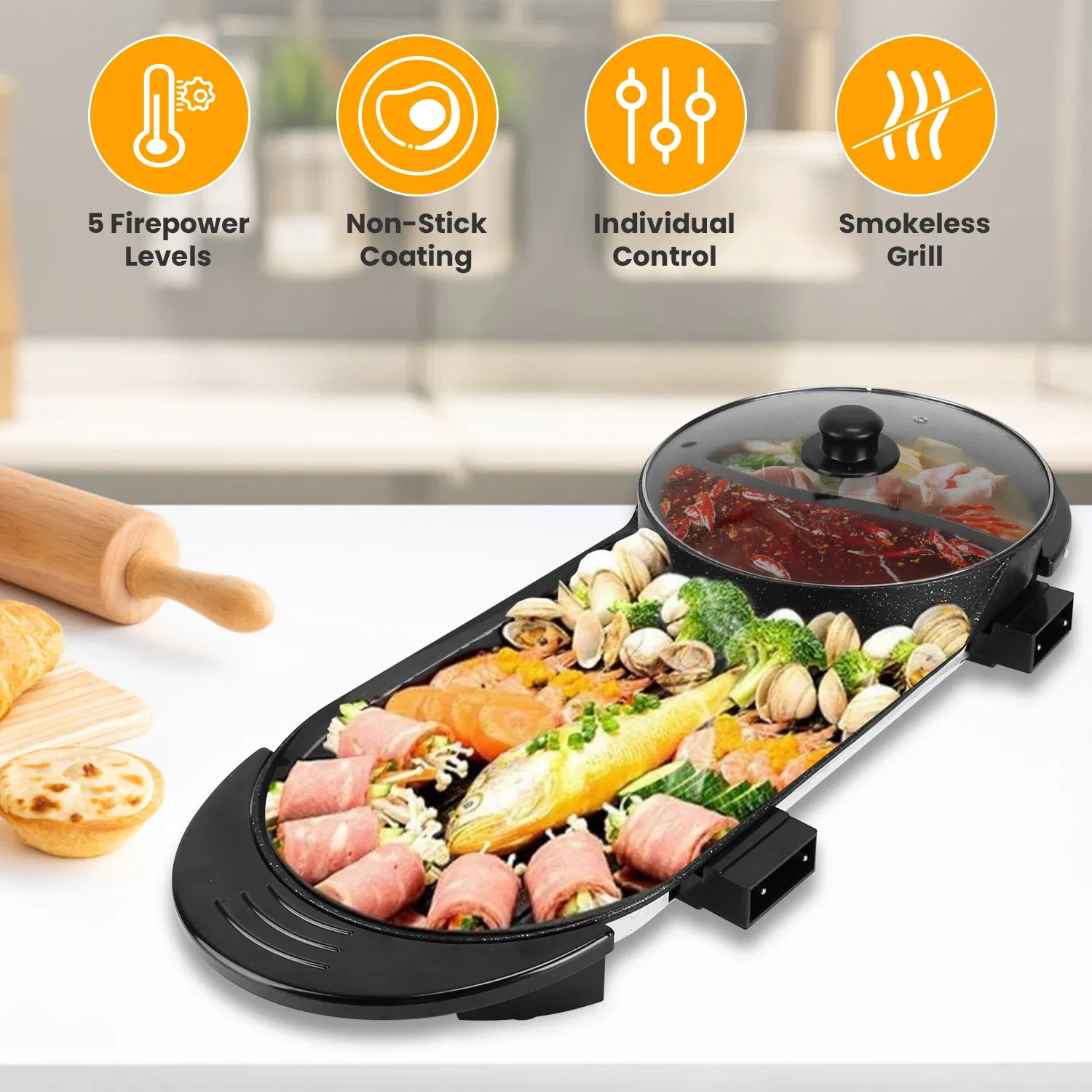 2200W Electric Hot Pot and Grill Combo, 2 in 1 Independent Control Non-Stick Electric Cooker, Smokeless Grill with Hot Pot for 2-10 Persons photo 6