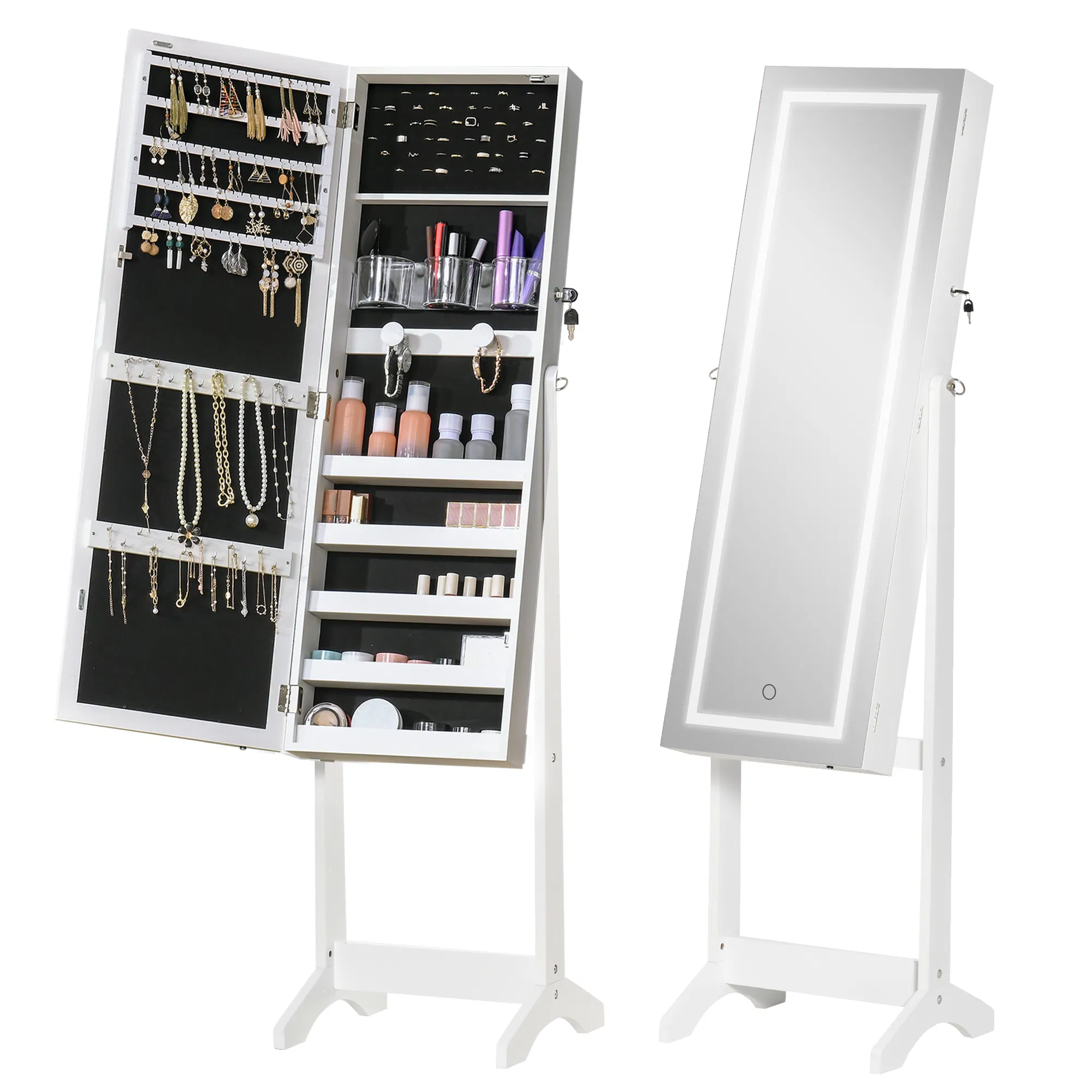 Lockable Jewelry Cabinet: With LED Light, Full-Length Mirror for Bedroom, Dressing Room, White photo 1