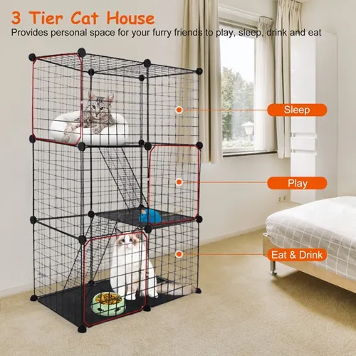 3 Tier Cat Playpen Cage Metal Indoor Cat House Detachable Kitten House with 3 Doors 2 Ladders Large Cat Exercise Place for 1-2 Cats Black photo 1