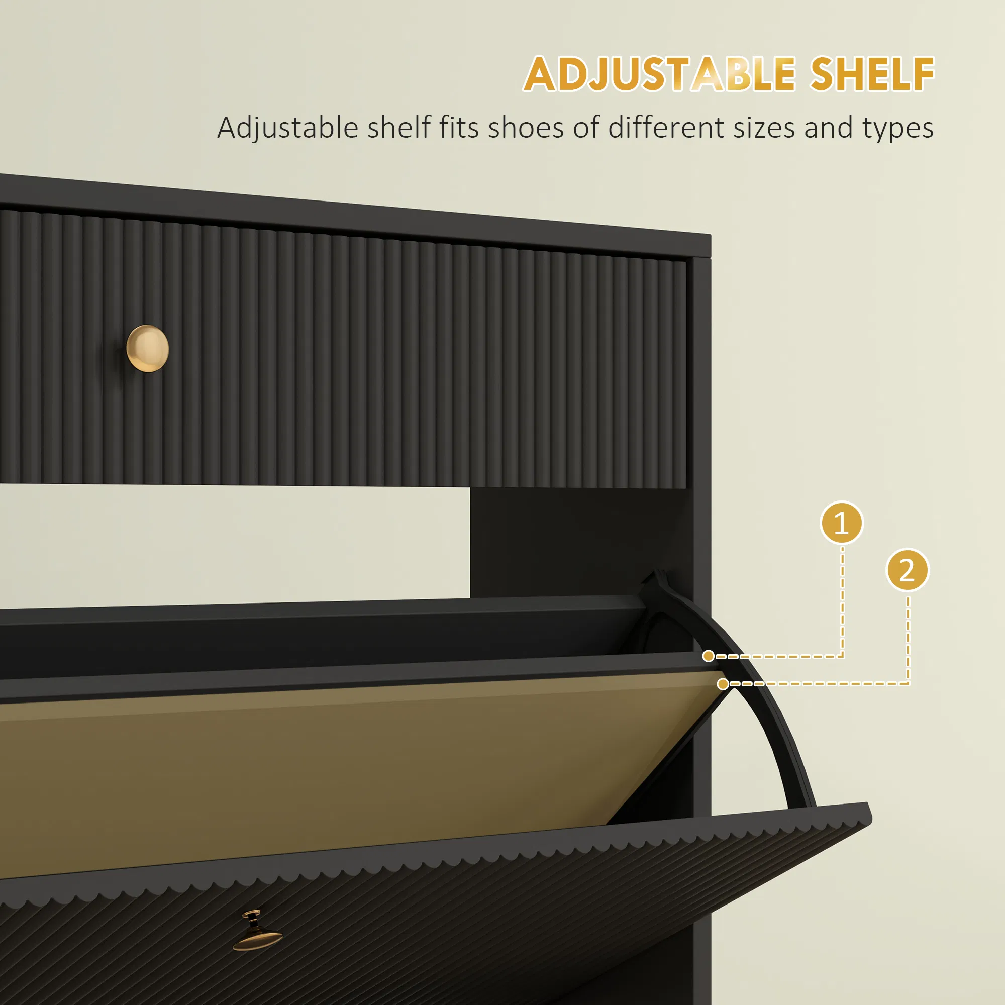 Narrow Shoe Storage Cabinet with Wave-like Panels and Adjustable Shelves for 12 Pairs of Shoes, Black photo 6