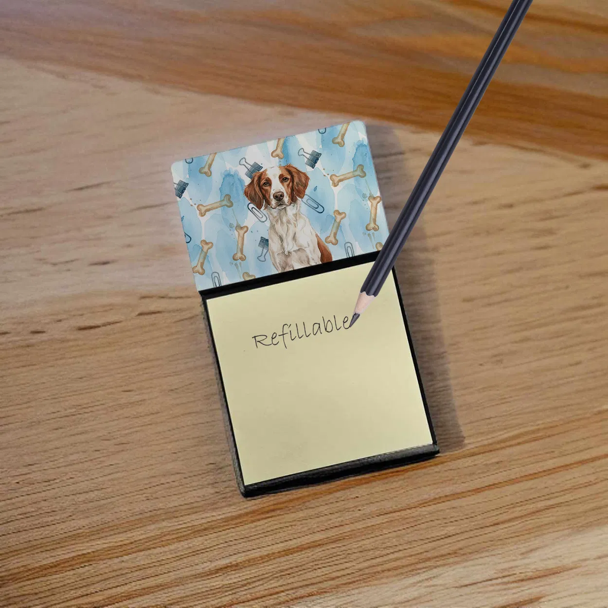 Liver and White Brittany Coworker Watercolor Sticky Note Holder Refillable Dispenser Desk Accessory 3x3 Pad Gift photo 2