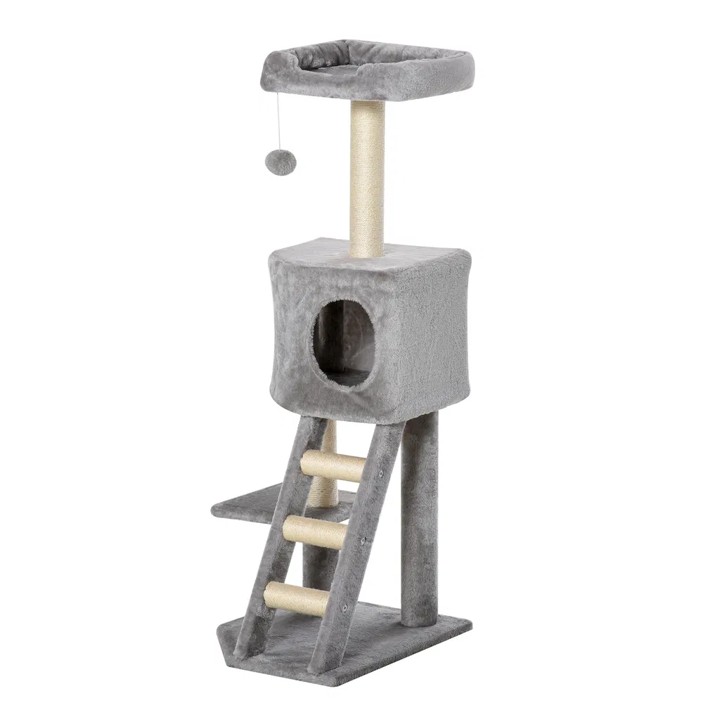 47" Tall Cat Tree Tower with Condo, Ladder, Scratching Posts and Hanging Ball, Light Grey photo 7