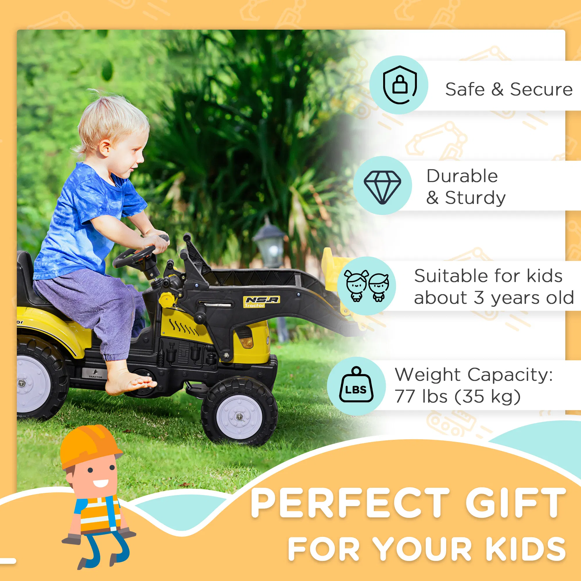 Ride on Tractor for Kids, Pedal Construction Car with Front Loader Digger for 3 Year Old, Yellow photo 3