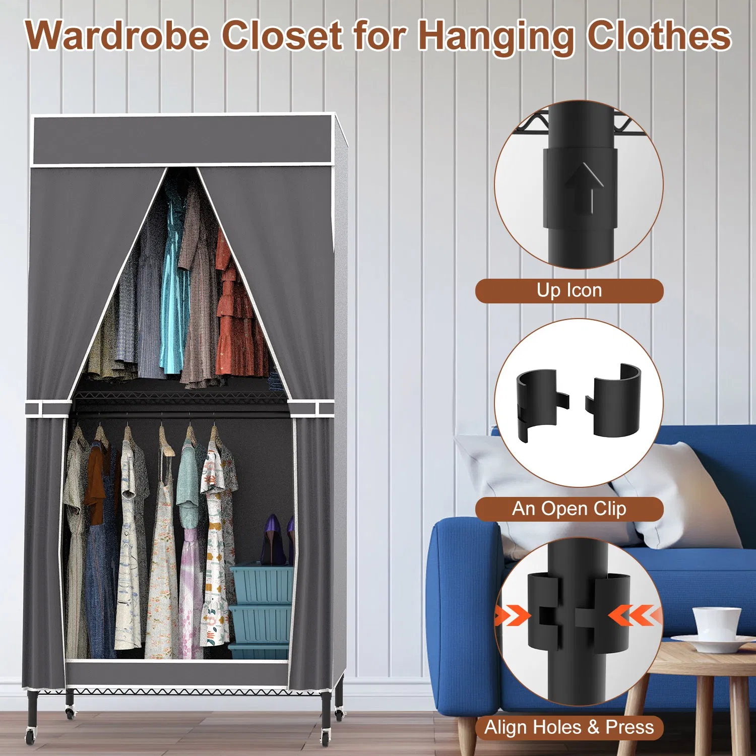 2 Tier Clothing Rack With Cover Portable Wardrobe Closet Covered Garment Rack with 4 Wheels 2 Hanging Rods 2 Hook Racks 35.43x17.13x72.44in photo 2