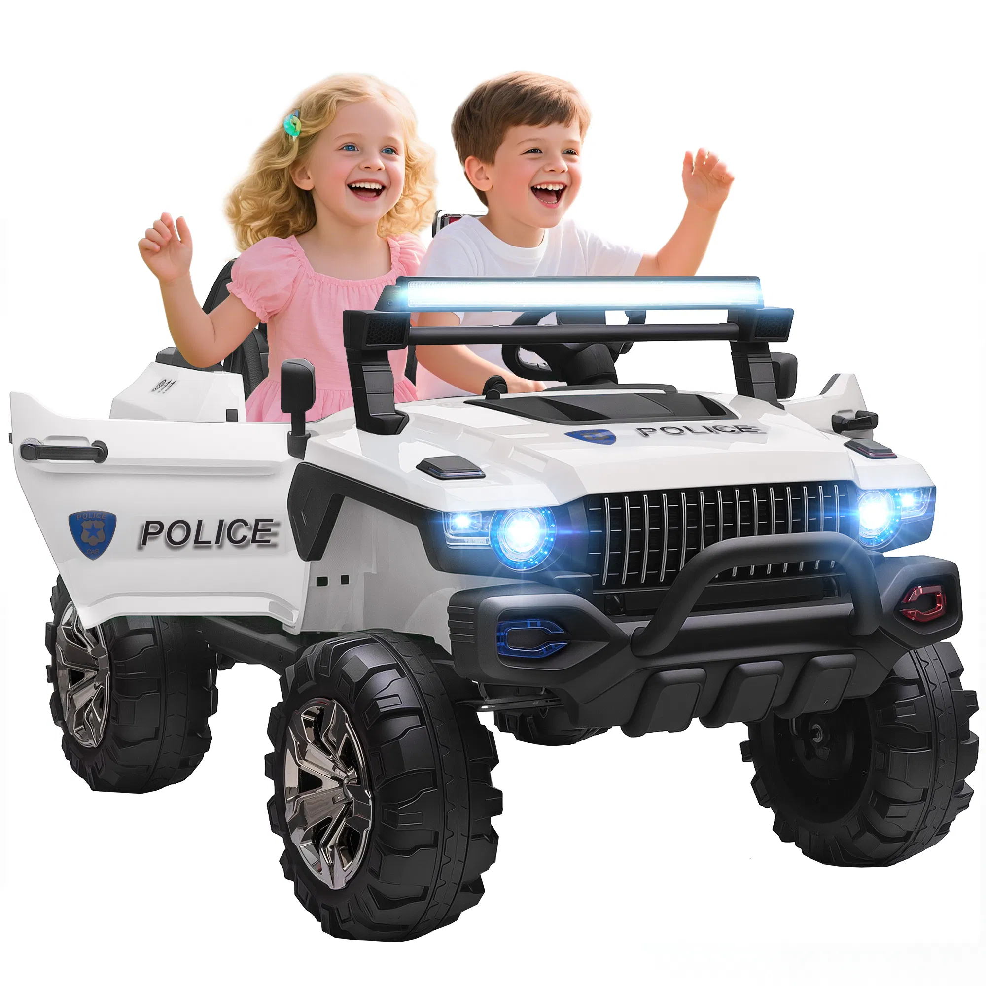 Kids Ride-On Car 12V RC 2-Seater Police Truck Electric Car For Kids with Full LED Lights, MP3, Parental Remote Control (White) photo 1