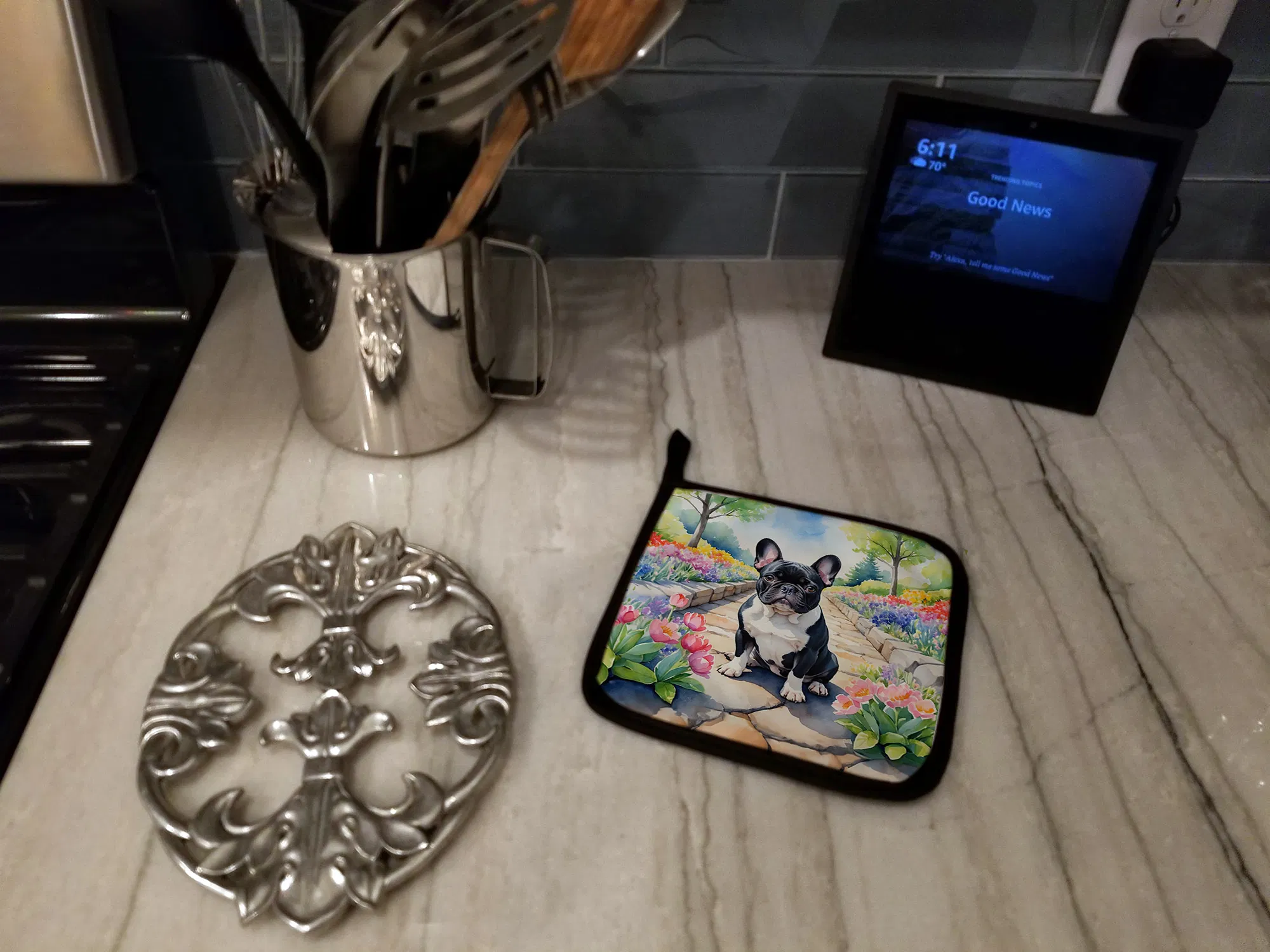 French Bulldog Spring Path Pair of Pot Holders Kitchen Heat Resistant Pot Holders Sets Oven Hot Pads for Cooking Baking BBQ, 7 1/2 x 7 1/2 photo 3