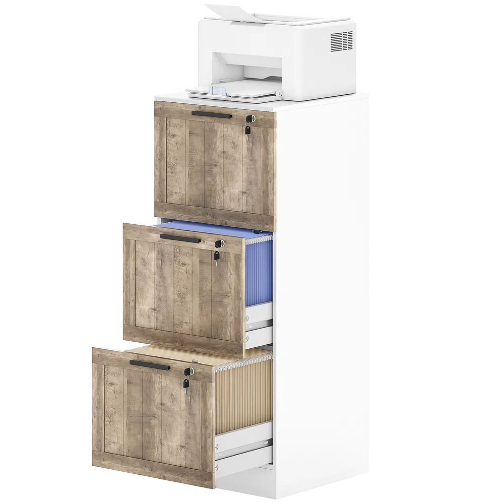 3 Drawer Filing Cabinet, Farmhouse File Cabinet with Lock, Adjustable Hanging Rails for A4 Letter Size Files, White photo 2
