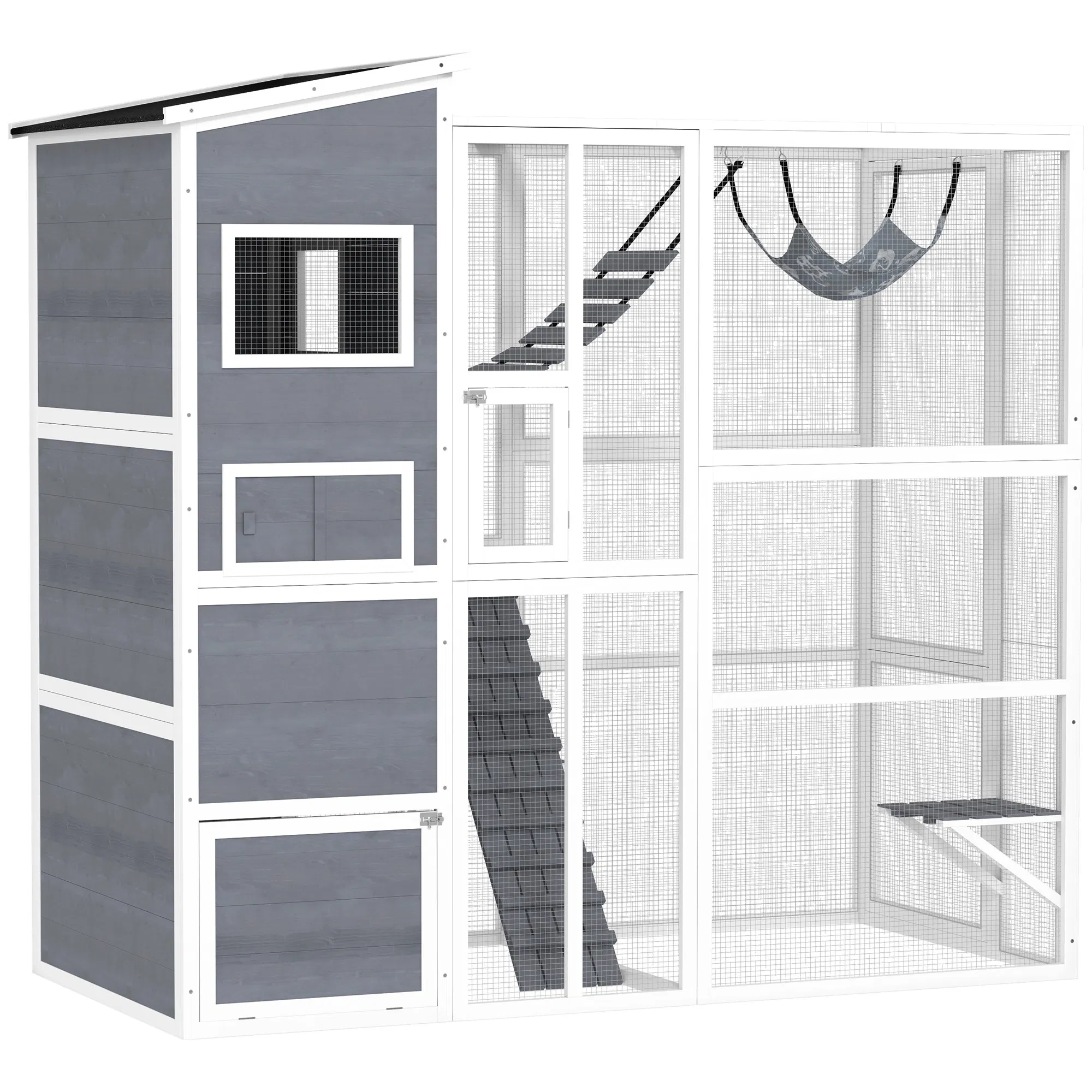 76" Catio Outdoor Cat Enclosure with Cat Condo, Jumping Platforms, Ladder, Ramps, Hammock for 2-3 Indoor Cats, Grey photo 1