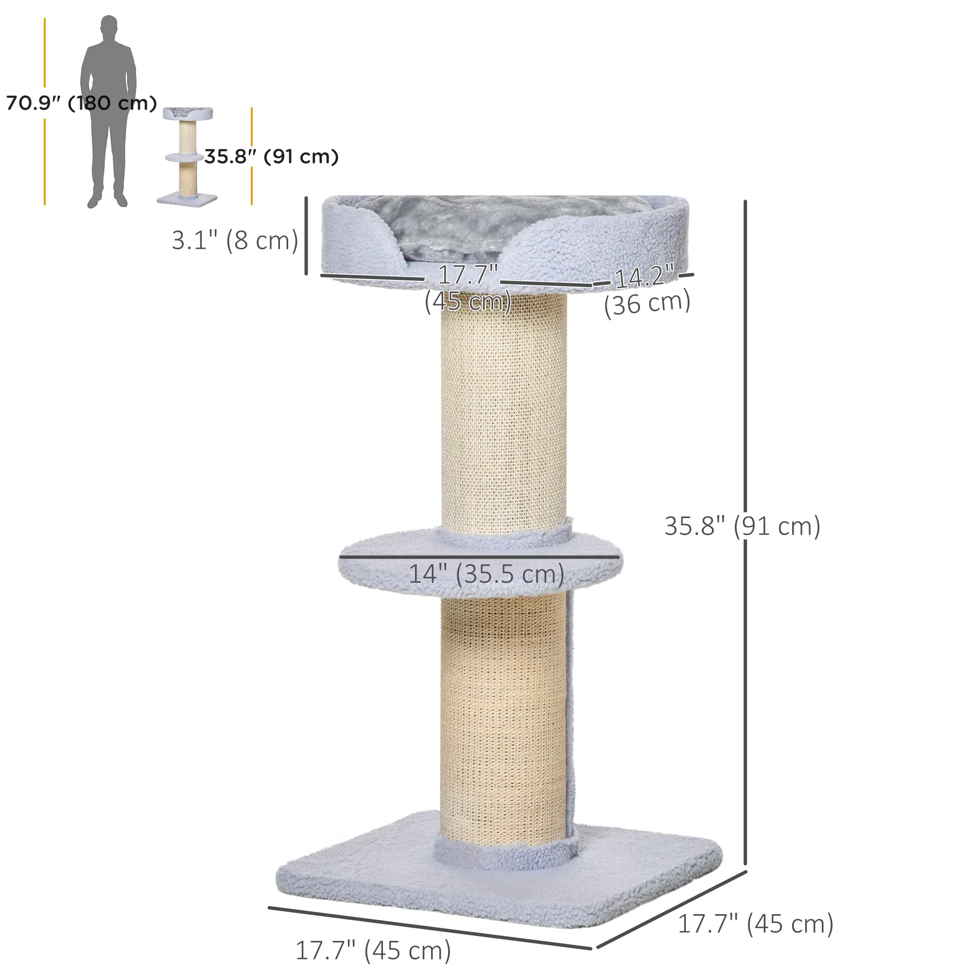 Cat Tree Kitty Tower with Sisal Mat Scratching Post, Cat Bed, Cushion, Perch, 18" x 18" x 36", Light Blue photo 4