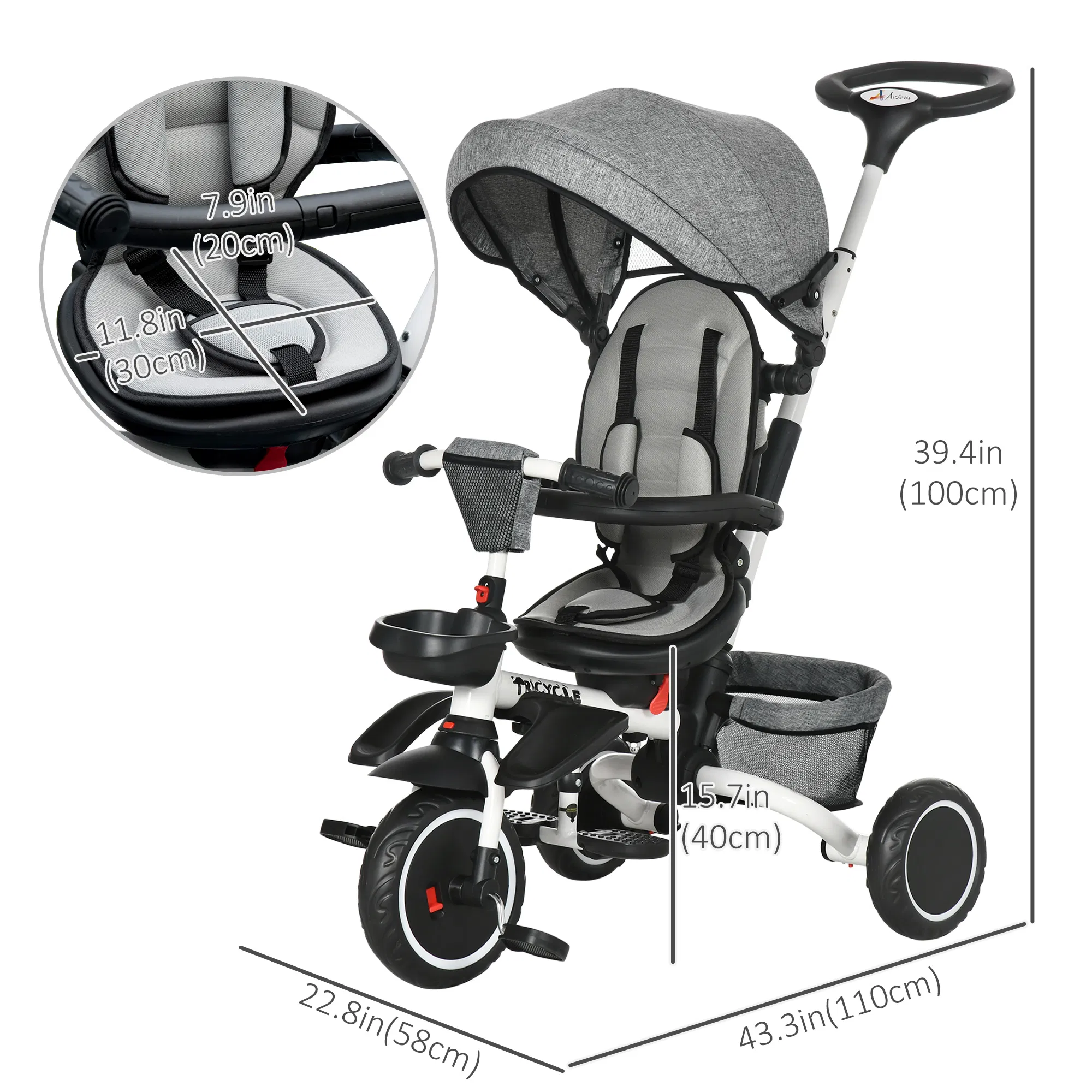 6-in-1 Toddler Tricycle for 12-50 Months, Foldable Kids Trike with Adjustable Seat and Push Handle, Safety Harness, Removable Canopy, Footrest, Grey photo 3
