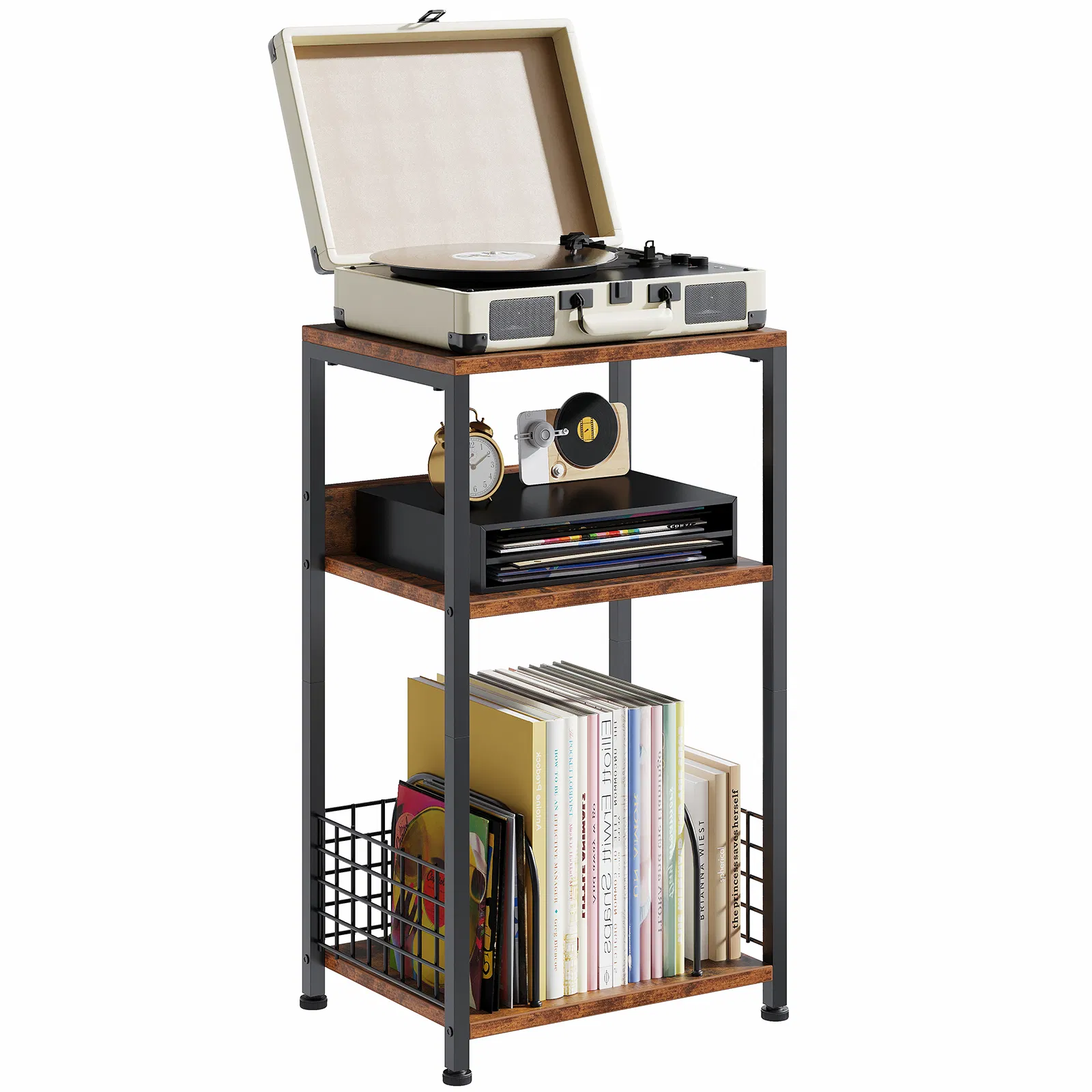 3-Tier Turntable Stand with Vinyl Storage for 100 Albums, Combined CD & DVD Racks, End Side Table for Living Room photo 1