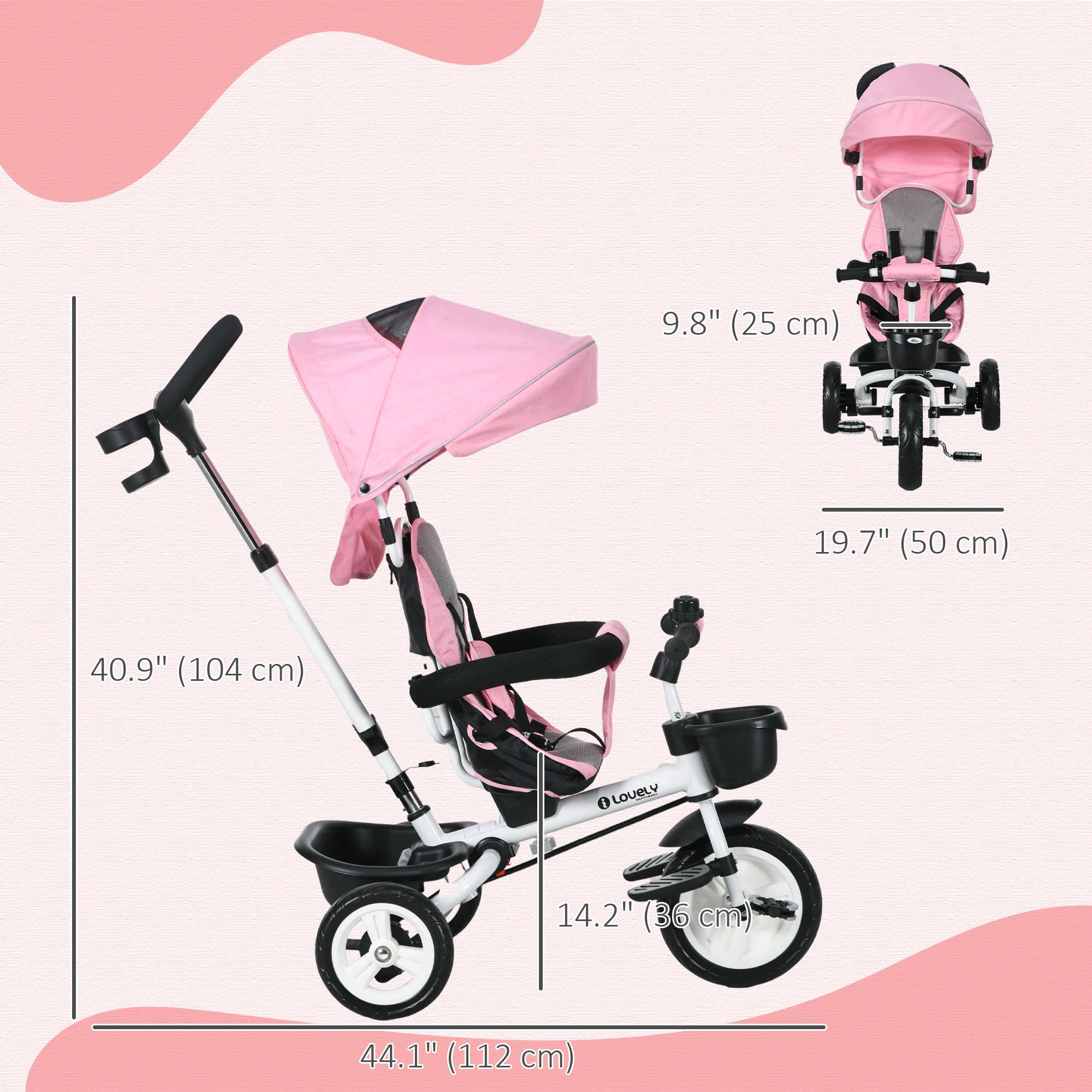 6 in 1 Toddler Tricycle with Parent Push Handle, Canopy, Storage Baskets, Cupholder, Pink photo 3