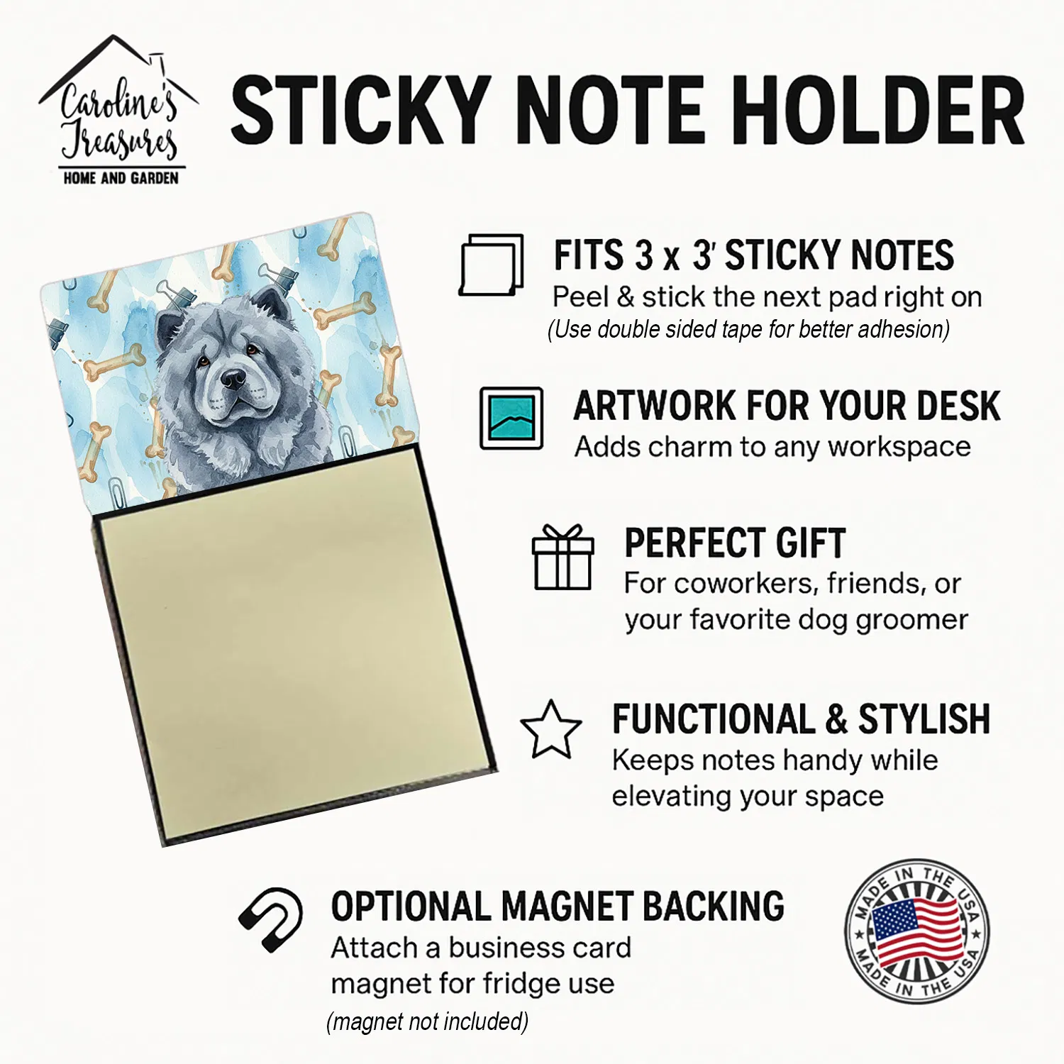 Blue Chow Chow Coworker Watercolor Sticky Note Holder Refillable Dispenser Desk Accessory 3x3 Pad Gift photo 3