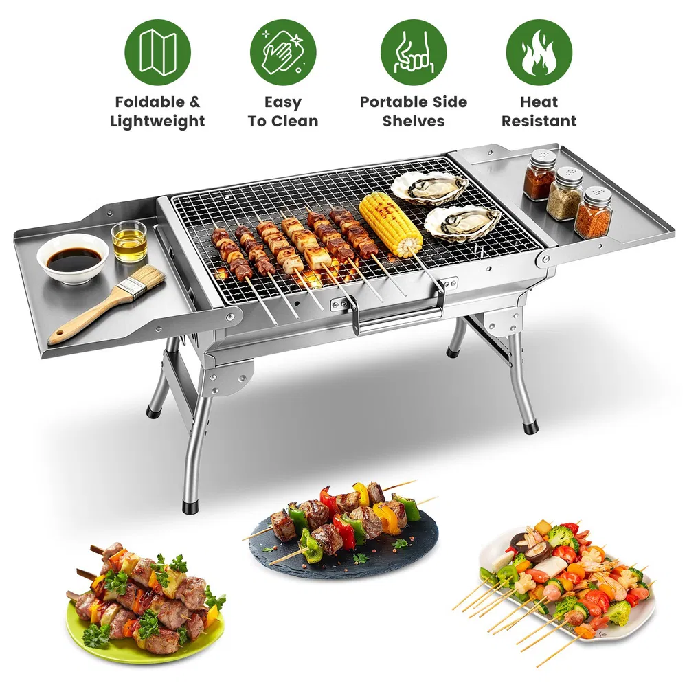Foldable Charcoal Grill Portable BBQ Grill with Storage Shelf, Carry Handle, Air Vent Design, Chrome-Plated Grill Grate, 10 Skewers, Outdoor Barbecue Grill for Camping Picnic Backyard Travel photo 2