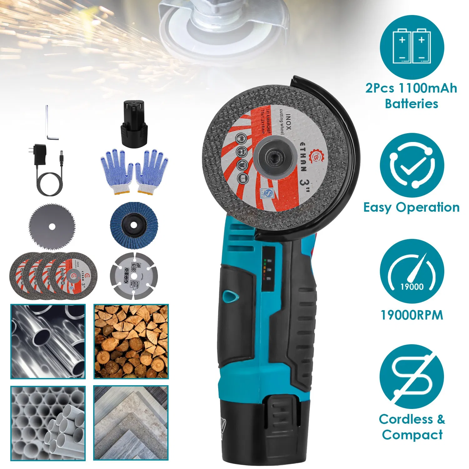 Cordless Mini Grinder Kit (3-Inch) - 19000RPM Pure Copper Motor, 2x12V 1100mAh Batteries, 90° Rotatable Guard - 4 Metal Cutting Wheels + Saw Blade + Sanding Disc for Metal/Wood/Tile Projects photo 1