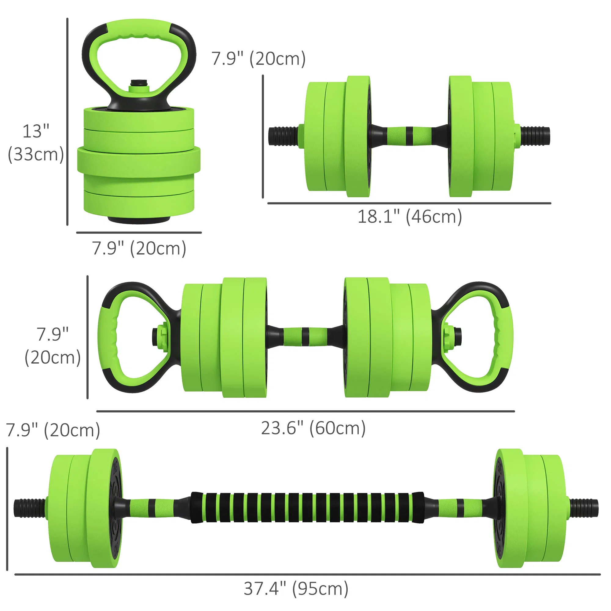 44lbs 4-in-1 Adjustable Weight Dumbbell Set, Barbell, Kettlebell, Push Up Stand, Green photo 2