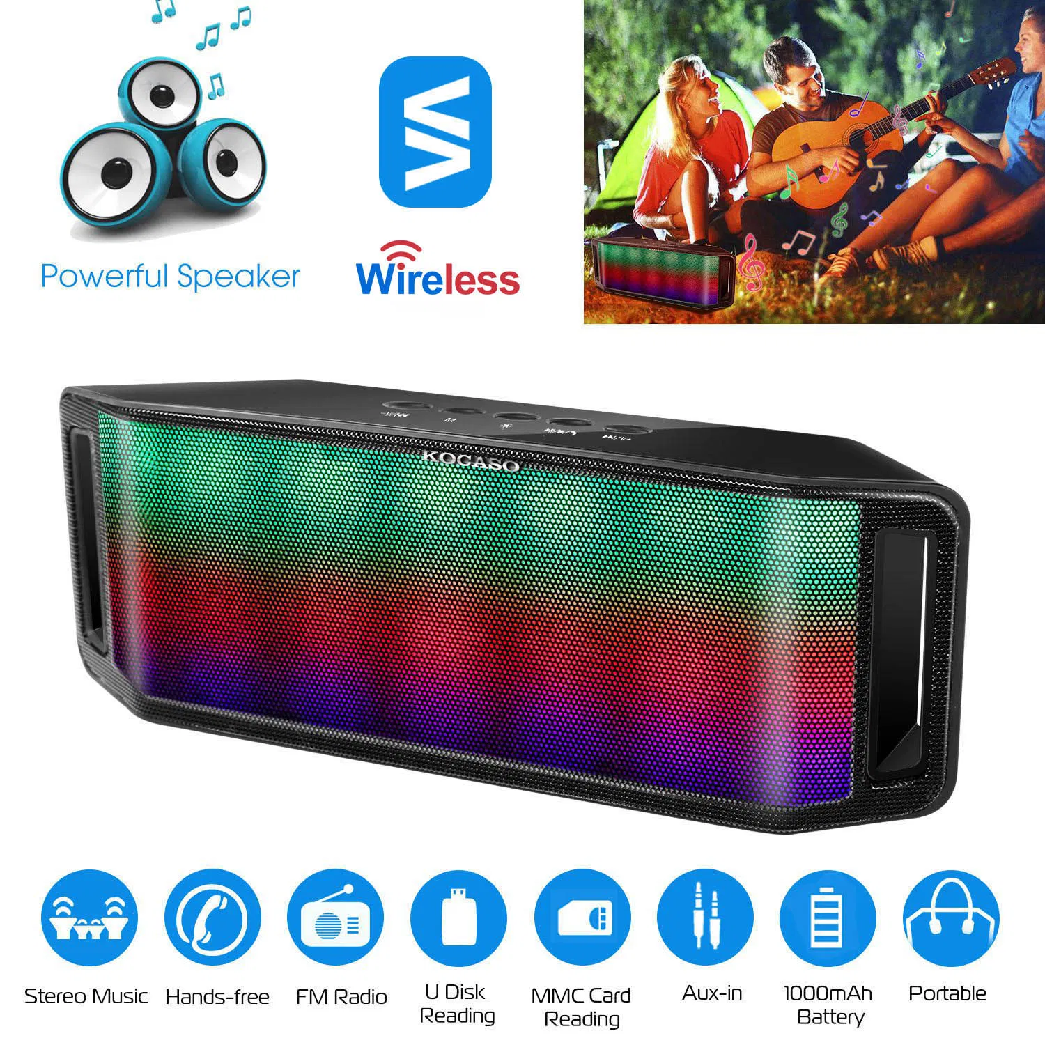 LED Wireless Speaker Dynamic Multicolor Hands-free FM Radio USB MMC Reading Aux In for Party Camping Travel photo 1