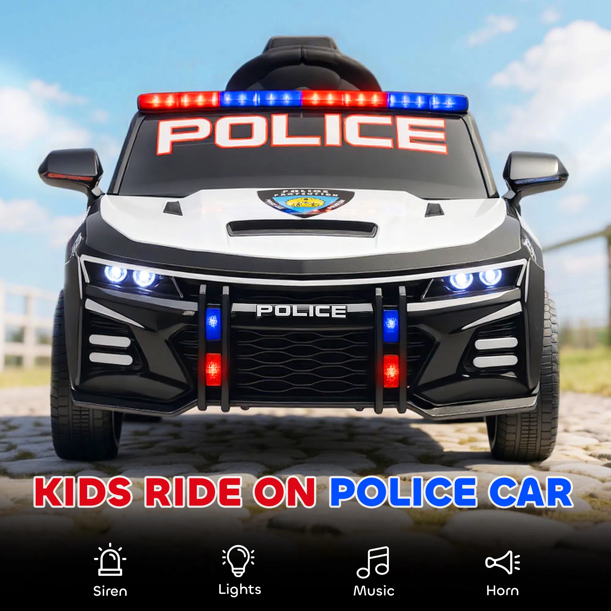 Kids Electric Ride on Police Car with Remote Control, Sirens, Flashing Lights, Music, Horn, Shock Absorbers, White photo 4