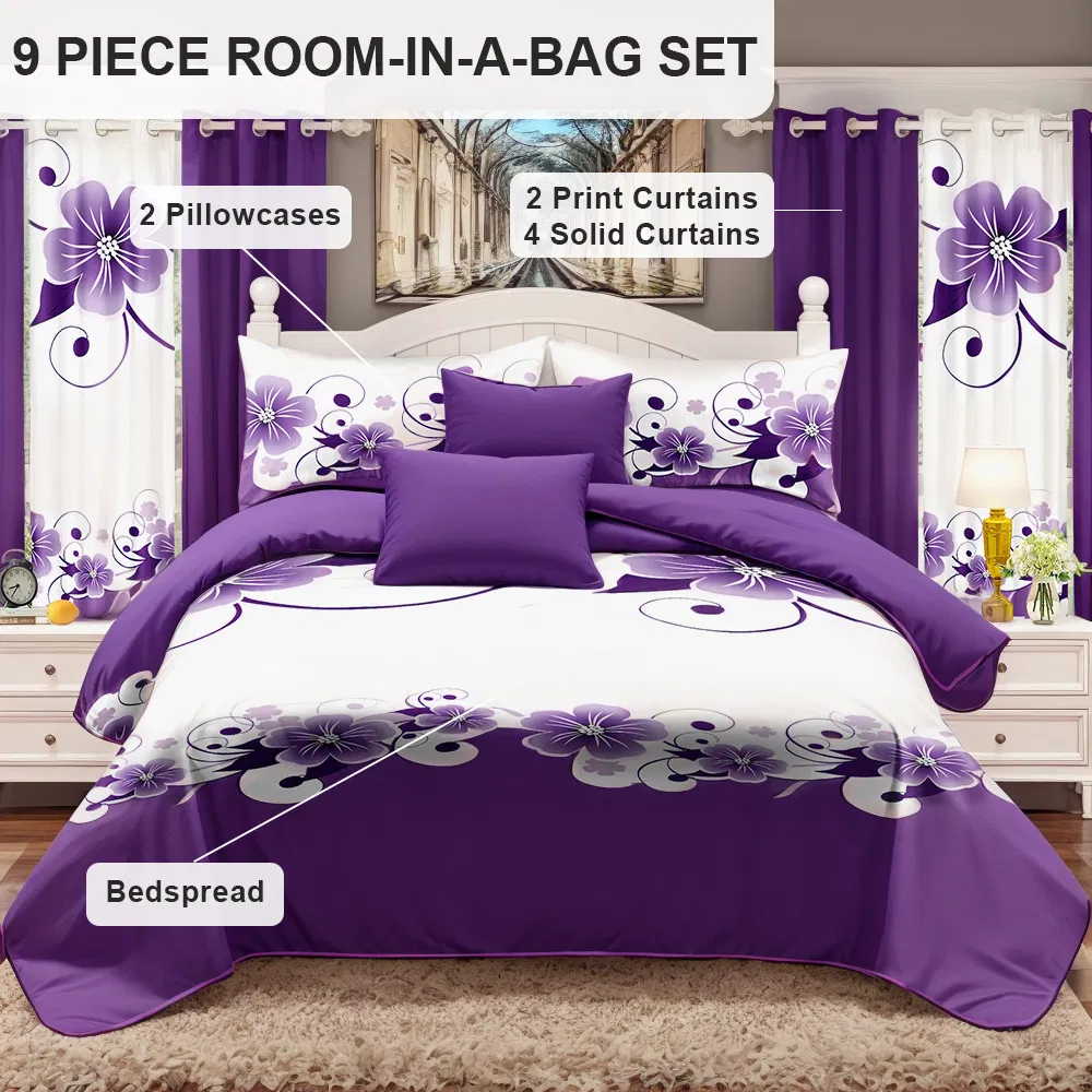 9-Piece Purple Floral Bedding & Curtain Set (Queen/King/Cal King) - Quilted Microfiber Bedspread + Sheer Curtains photo 1