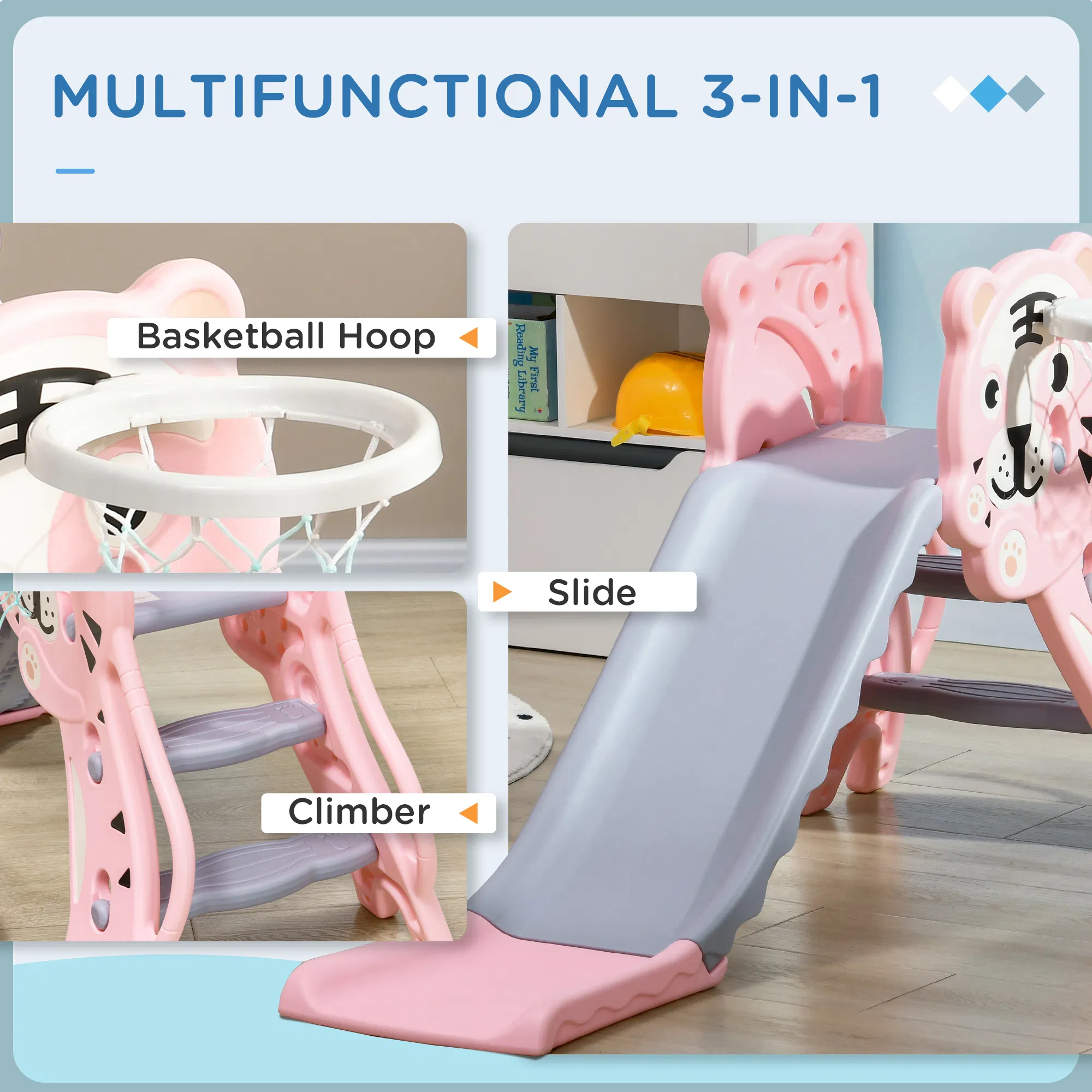 3 in 1 Slide for Toddlers, Kids Slide Playset with Basketball Hoop, Climber, for 18-36 Months, Pink photo 2
