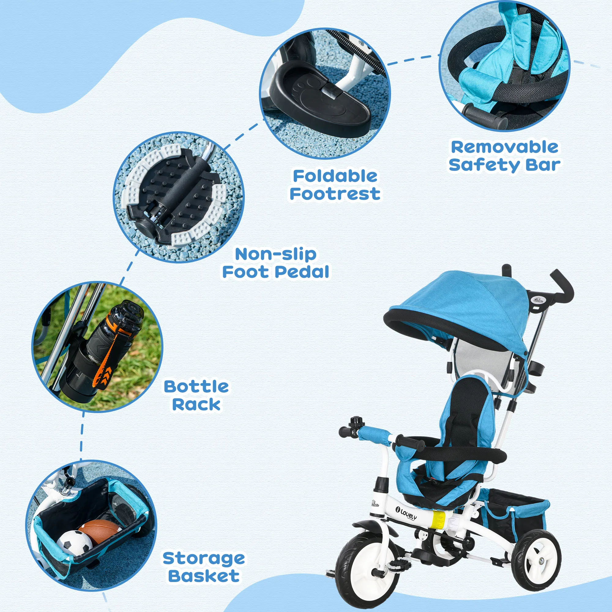 6 in 1 Toddler Tricycle Stroller with Basket, Canopy, 5-point Safety Harness, for 12-60 Months, Blue photo 5