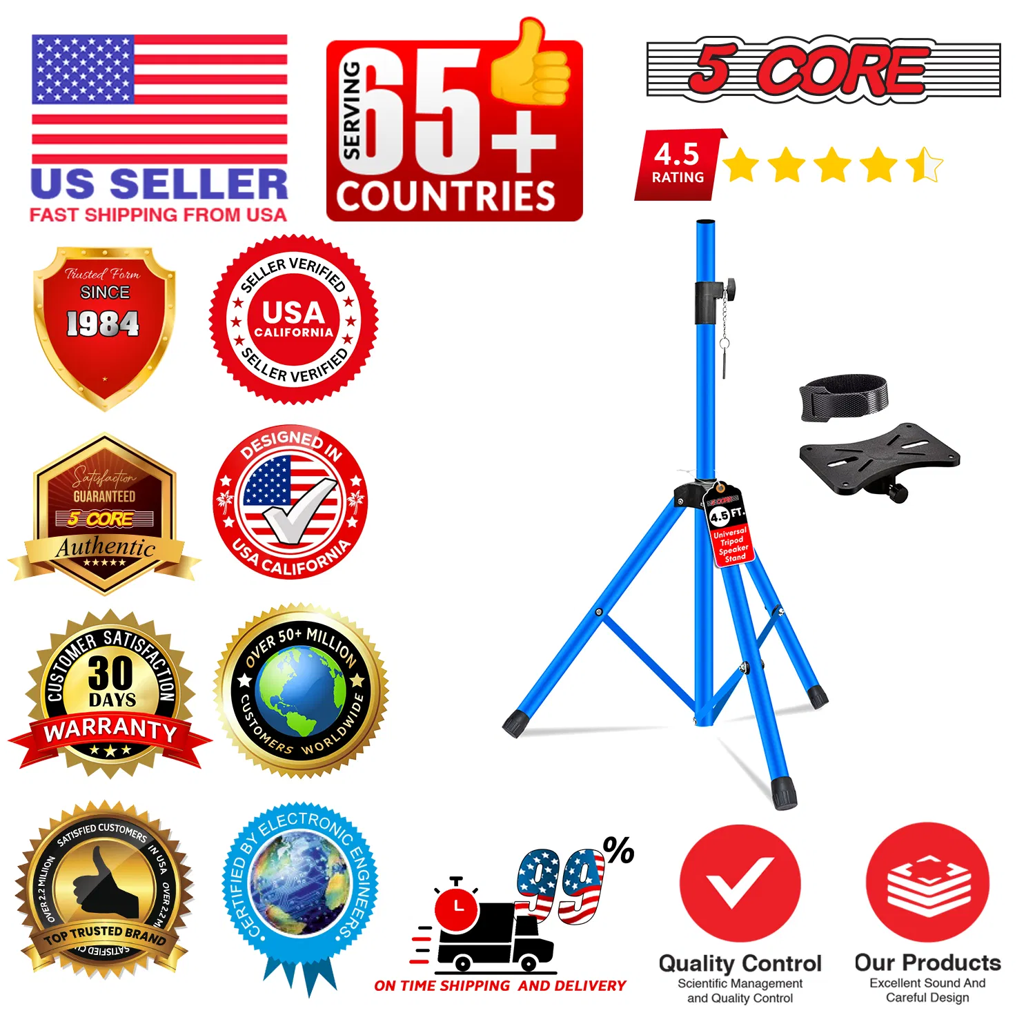 5 Core Speaker Stand Pair Adjustable 31 to 54" PA DJ Tripod Stands Heavy Duty w 35mm Add 132 Lbs photo 3