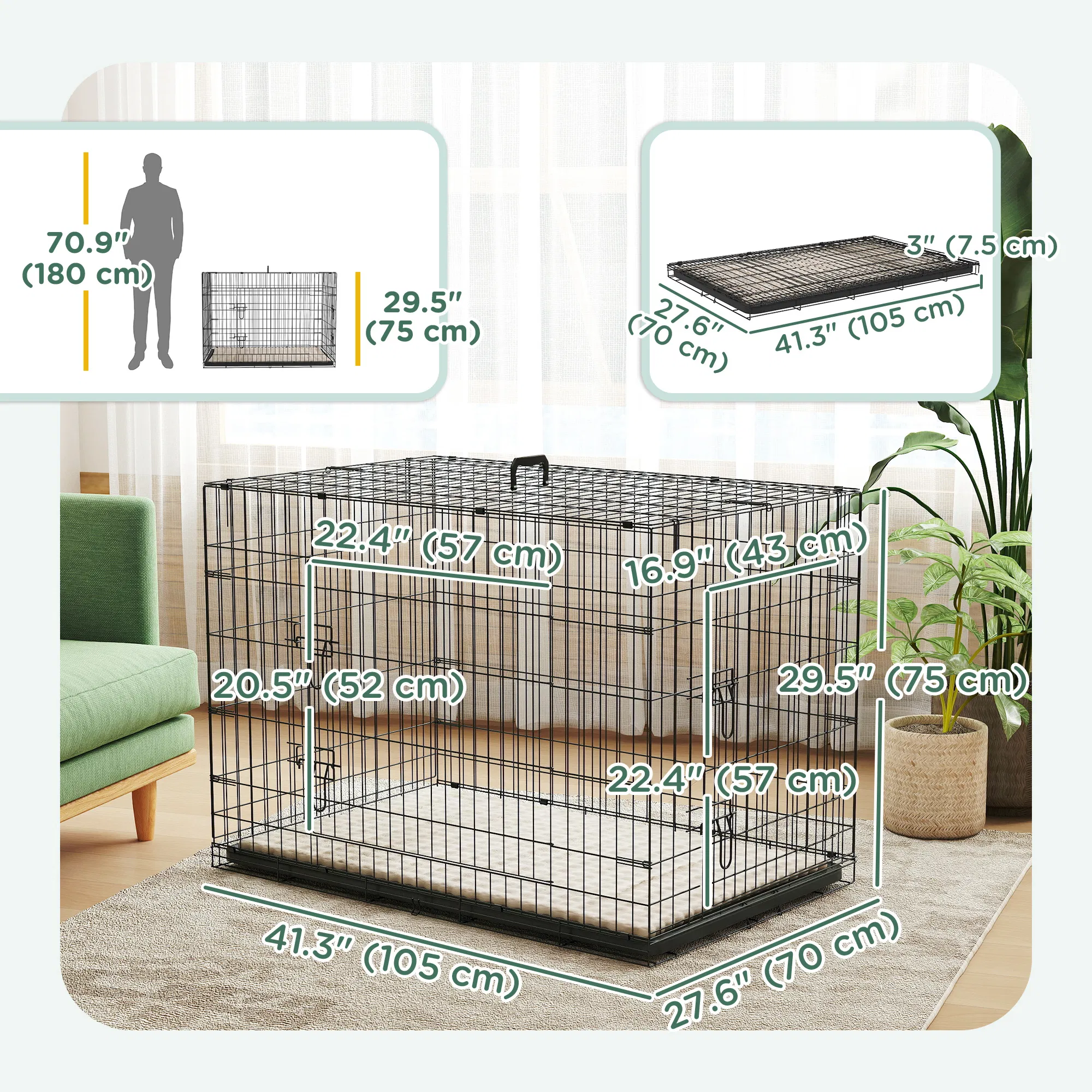 41" Dog Crate with 2 Doors, Folding Metal Dog Cage with Soft Cushion, Removable Tray, Handle, for Small Dogs, Black photo 6