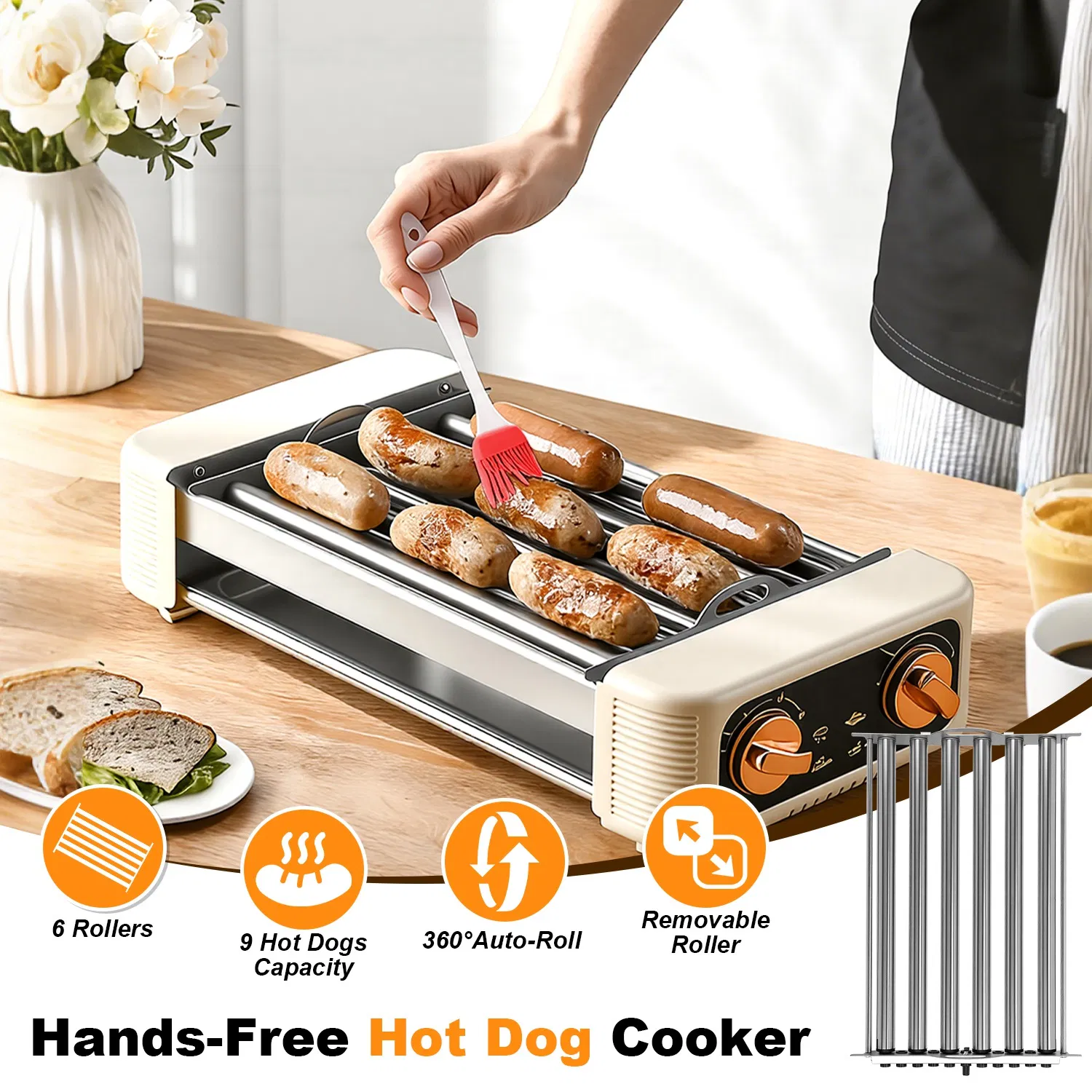 Multifunctional Electric Hot Dog Roller Machine, 3-in-1 Sausage Grill with Non-Stick Griddle, Smokeless BBQ Grill for Home, Dorm, RV, Party, Overheat Protection photo 2