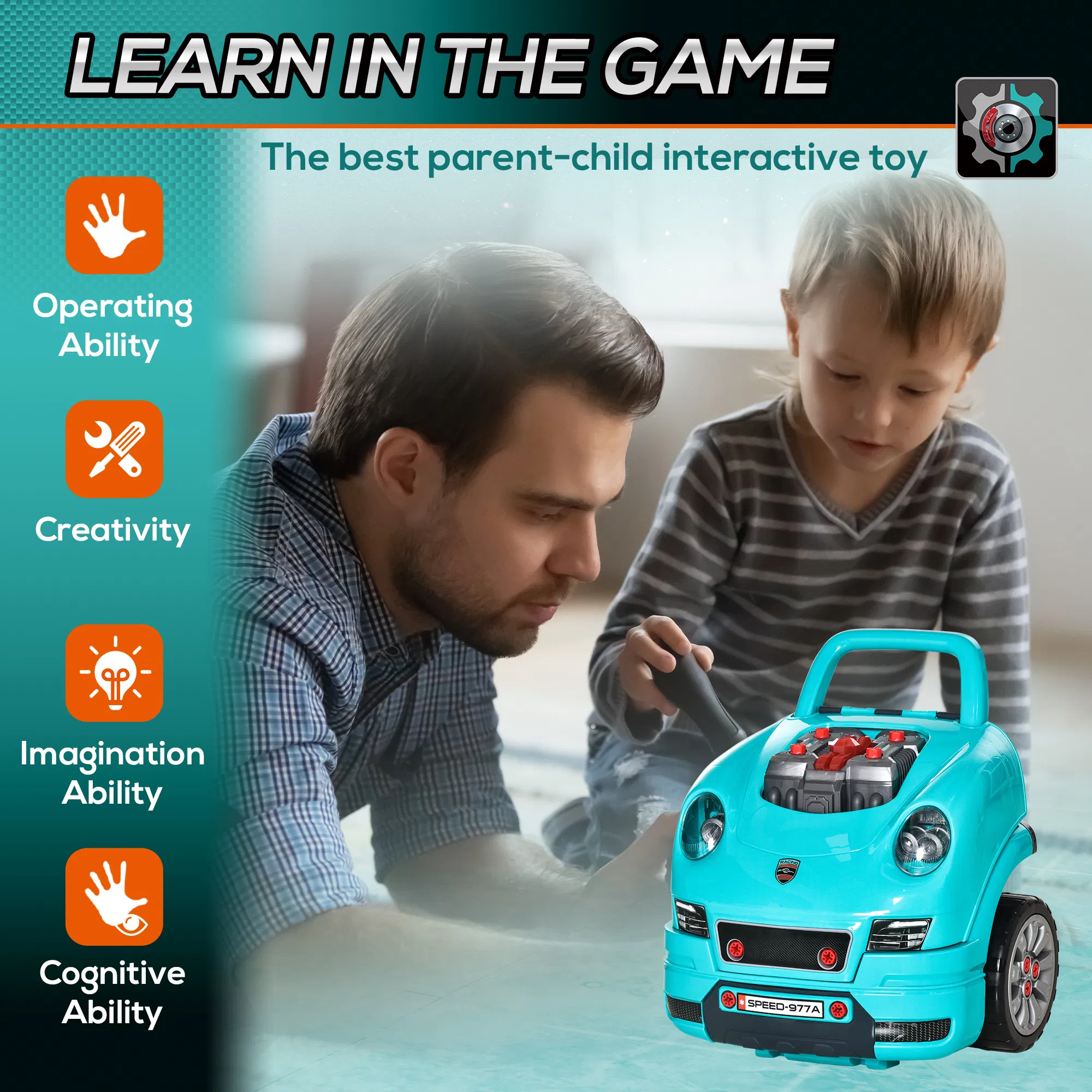 Mechanic Kids Truck Engine Toy Set, Car Service Play Set, Teal photo 2