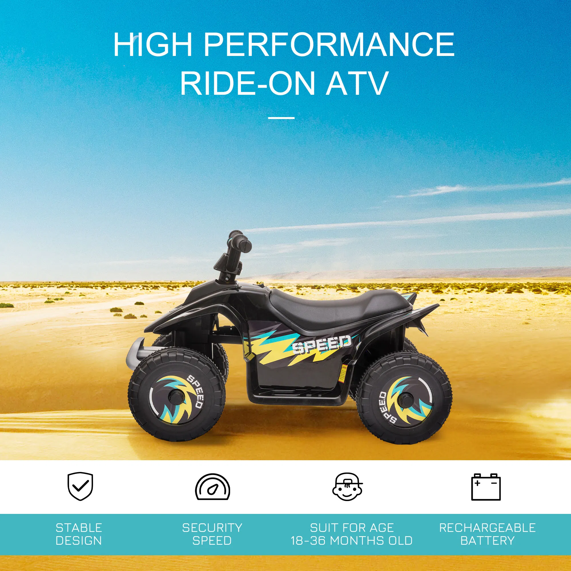Kids Ride on ATV, 6V Battery Powered Quad Car with Forward, Reverse Switch, for Boys Girls 18-36 Months, Black photo 4