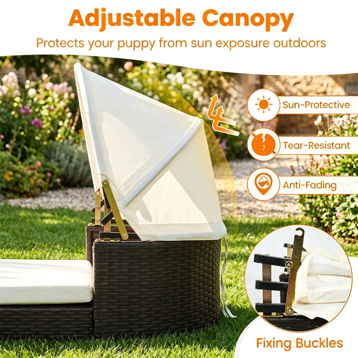 Hand-Woven PE Rattan Dog Bed with Adjustable Canopy, Elevated Outdoor Pet Daybed with Washable Plush Cushion, Anti-Slip Breathable Pet Shelter for Indoor Patio Garden-White photo 7