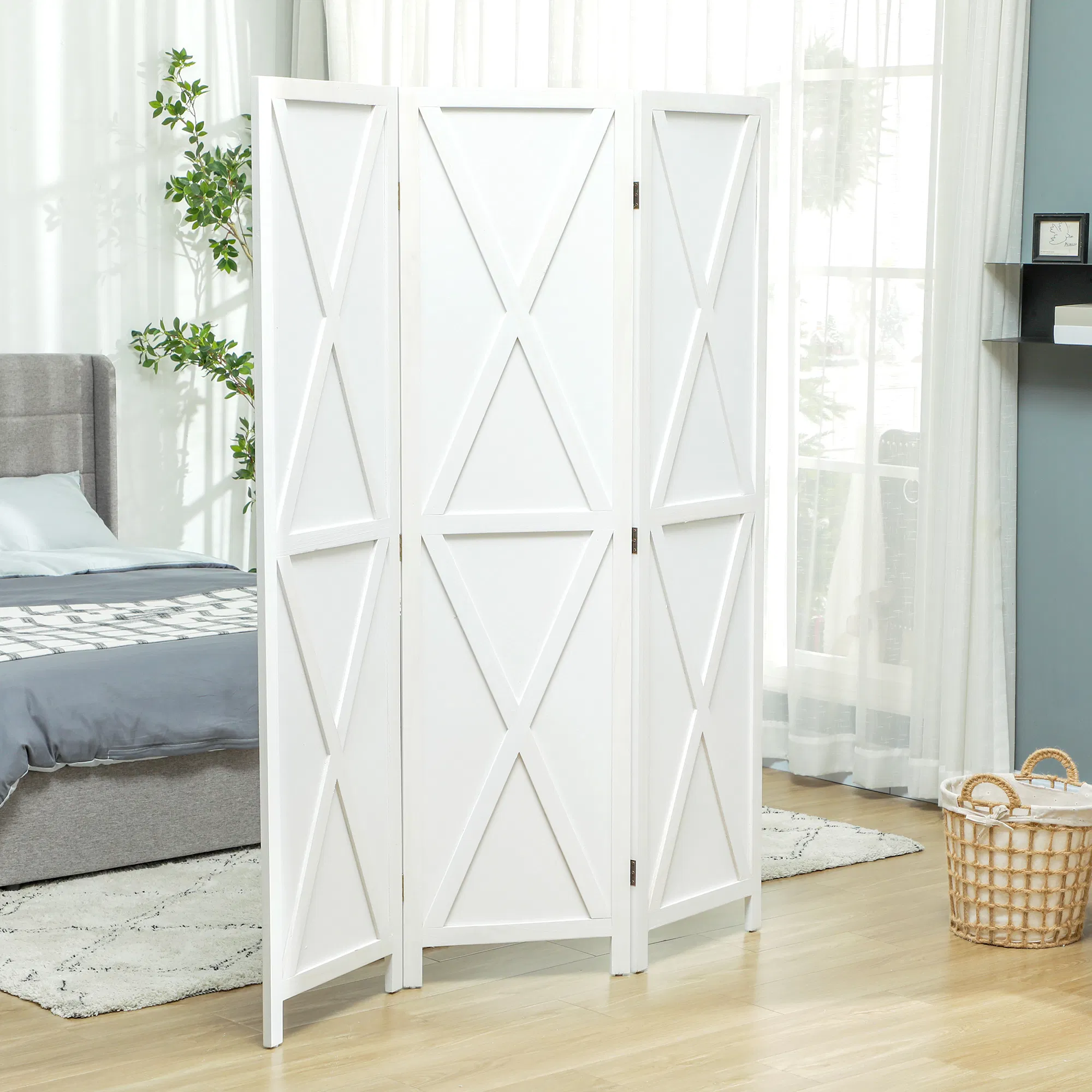 3-panel Wall Partition Farmhouse Room Separator with Foldable Design Wooden Frame 5.6FT, White photo 2