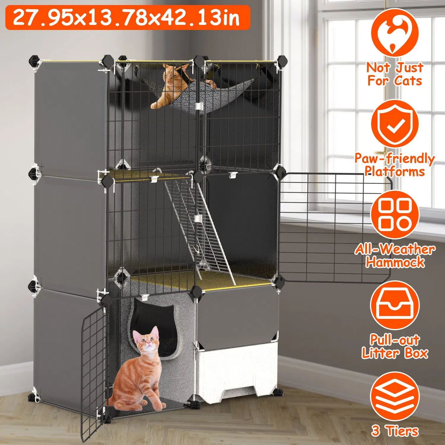 Multi-Level Cat Playpen Cage, 3-Tier Indoor Cat House with Built-in Litter Tray, Litter Scoop, Reversible Hammock for Kittens, Ferrets, Rabbits photo 1