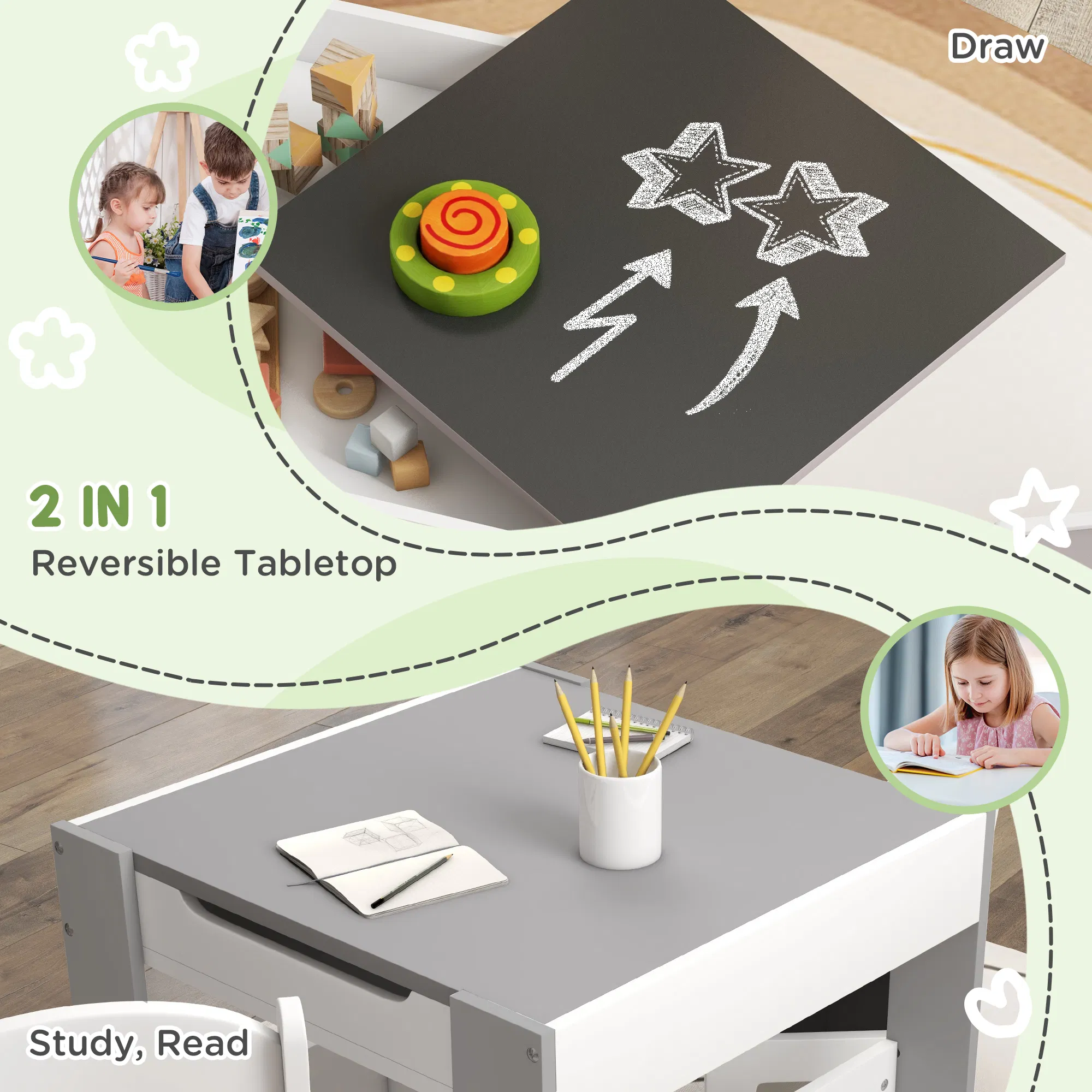 3 Piece Kids Table and Chair Set with Reversible Tabletop, Blackboard, Storage, Bookshelf, for Playroom, Nursery, Grey photo 6