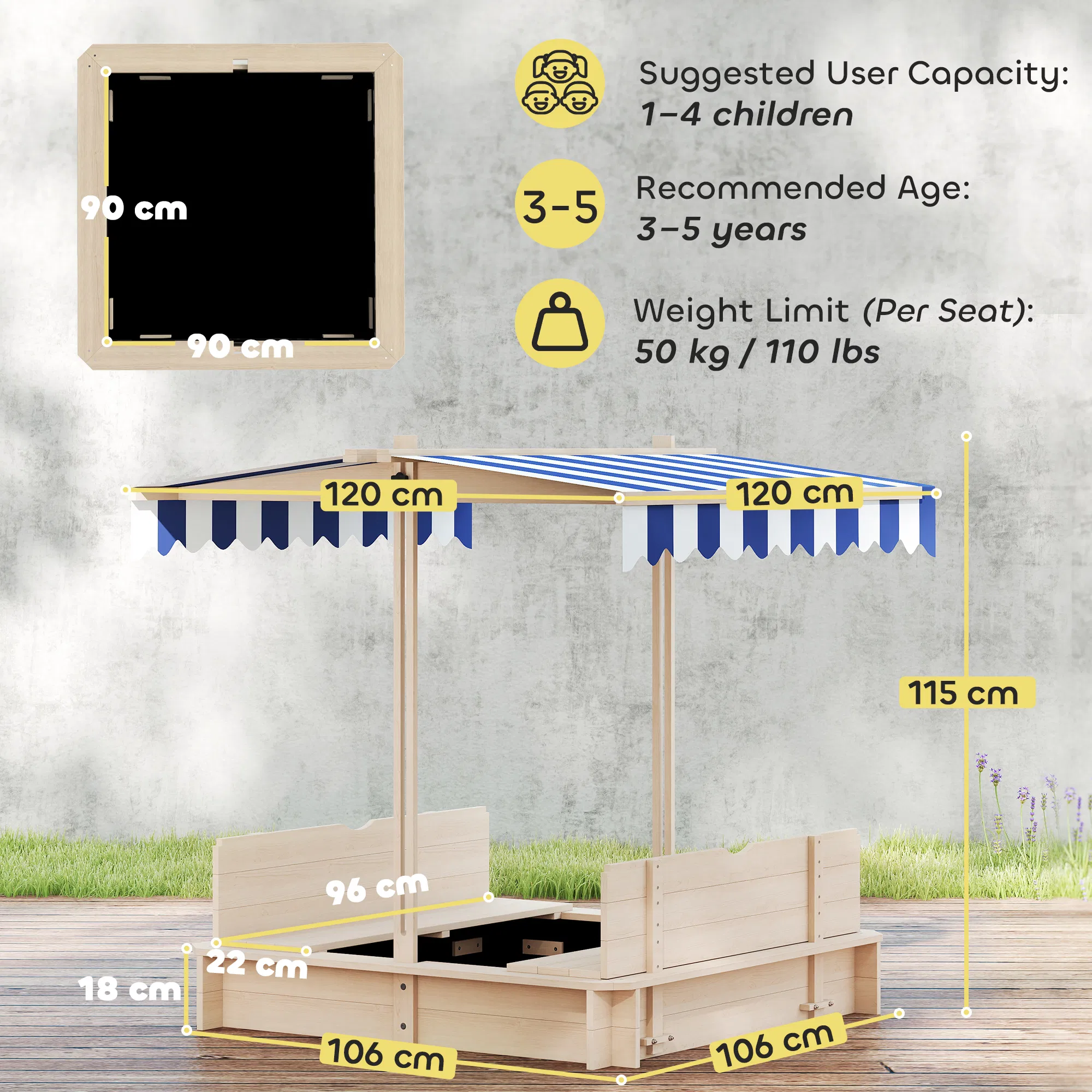 Kids Wooden Sandbox Outdoor Backyard Playset Children Play Station w/ Adjustable Canopy & Convertible Bench Sand for 3-7 Years Old photo 5