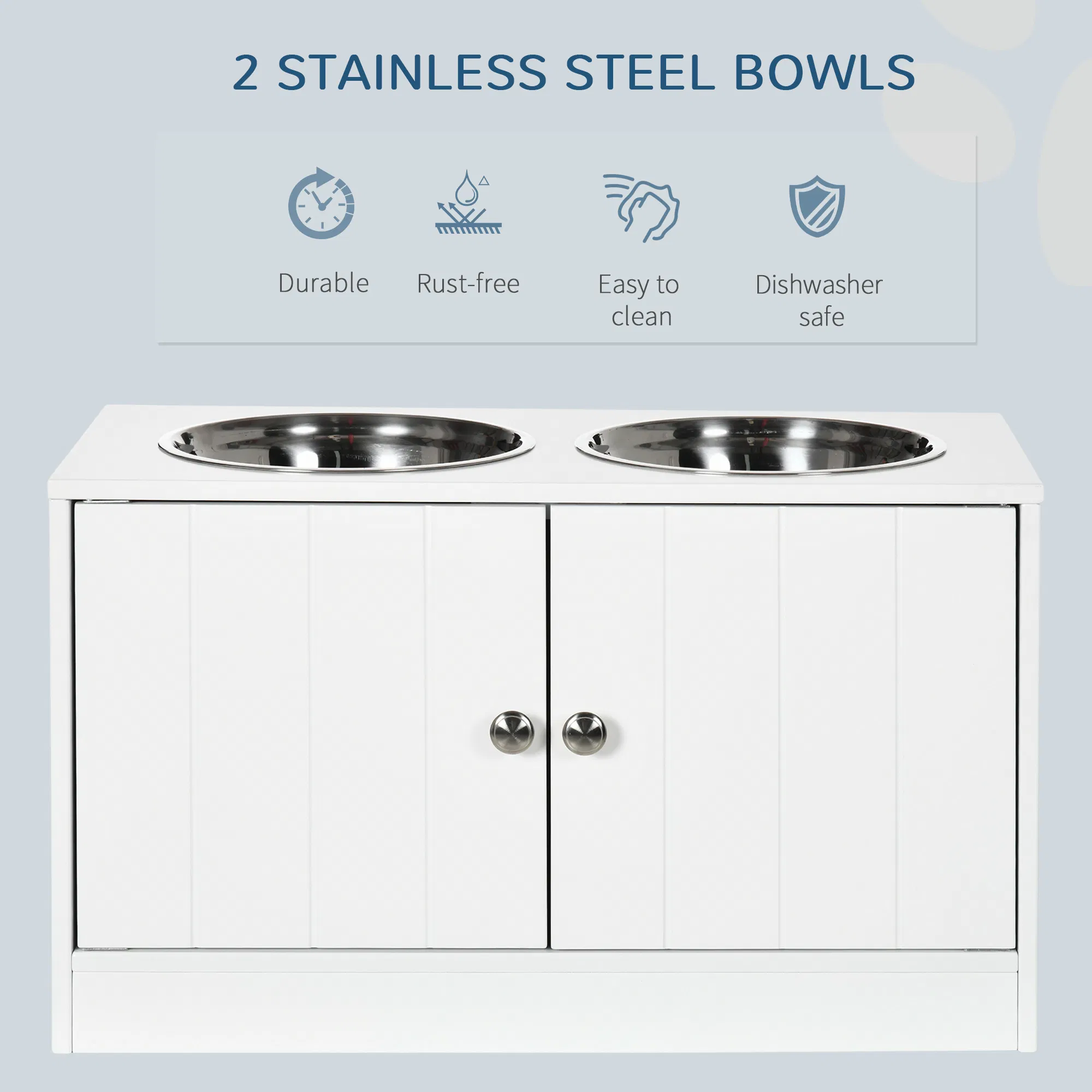 Elevated Dog Bowls for Large Dogs Pet Feeding Station with Stand, Storage, 2 Stainless Steel Food and Water Bowls, White, 23.6" x 11.8" x 14" photo 2
