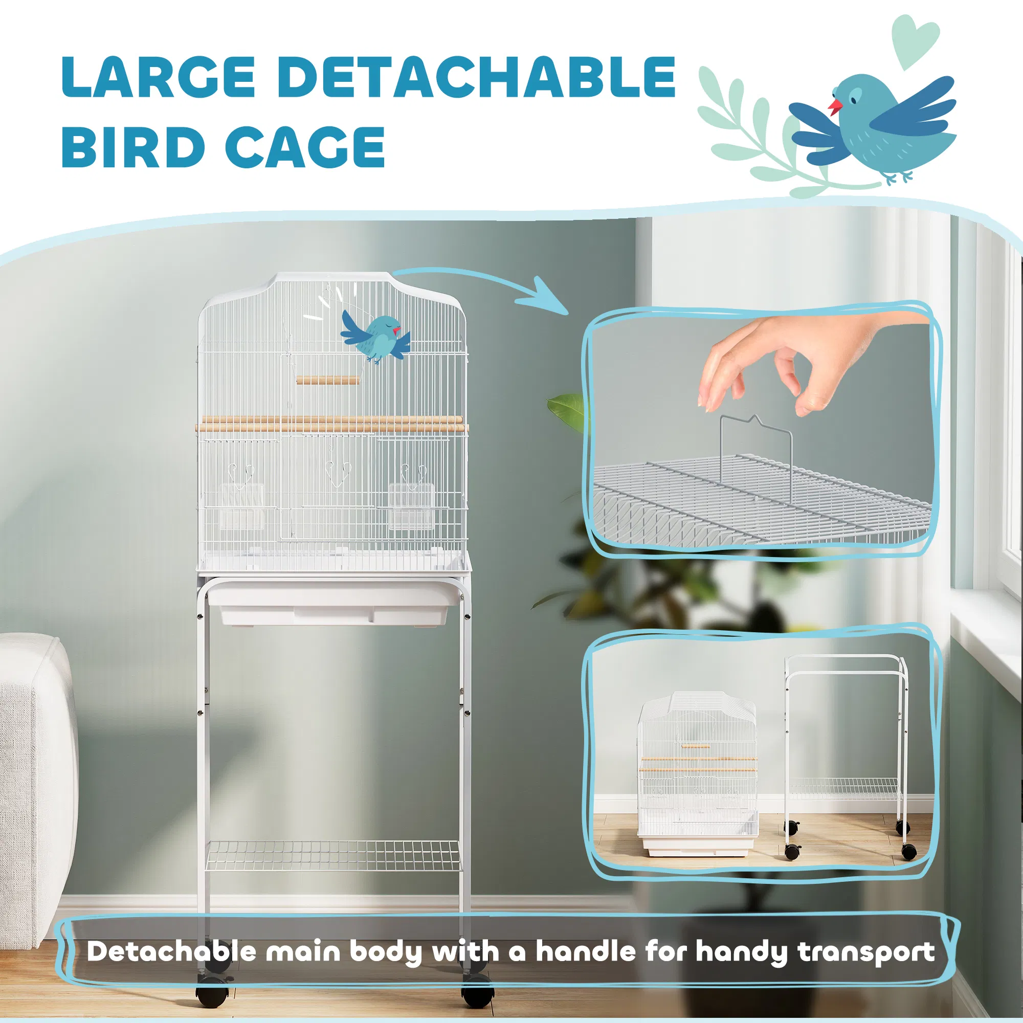 49" Rolling Bird Cage Cockatoo House Play Top Finch Pet Supply with Storage Shelf, Wheels - White photo 4